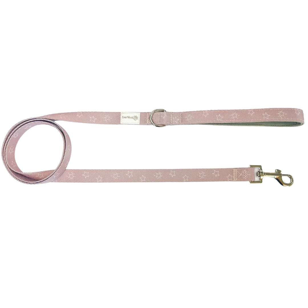 Light pink dog leash with star pattern, neoprene padded handle, and a zinc alloy metal clip by EverWoof.