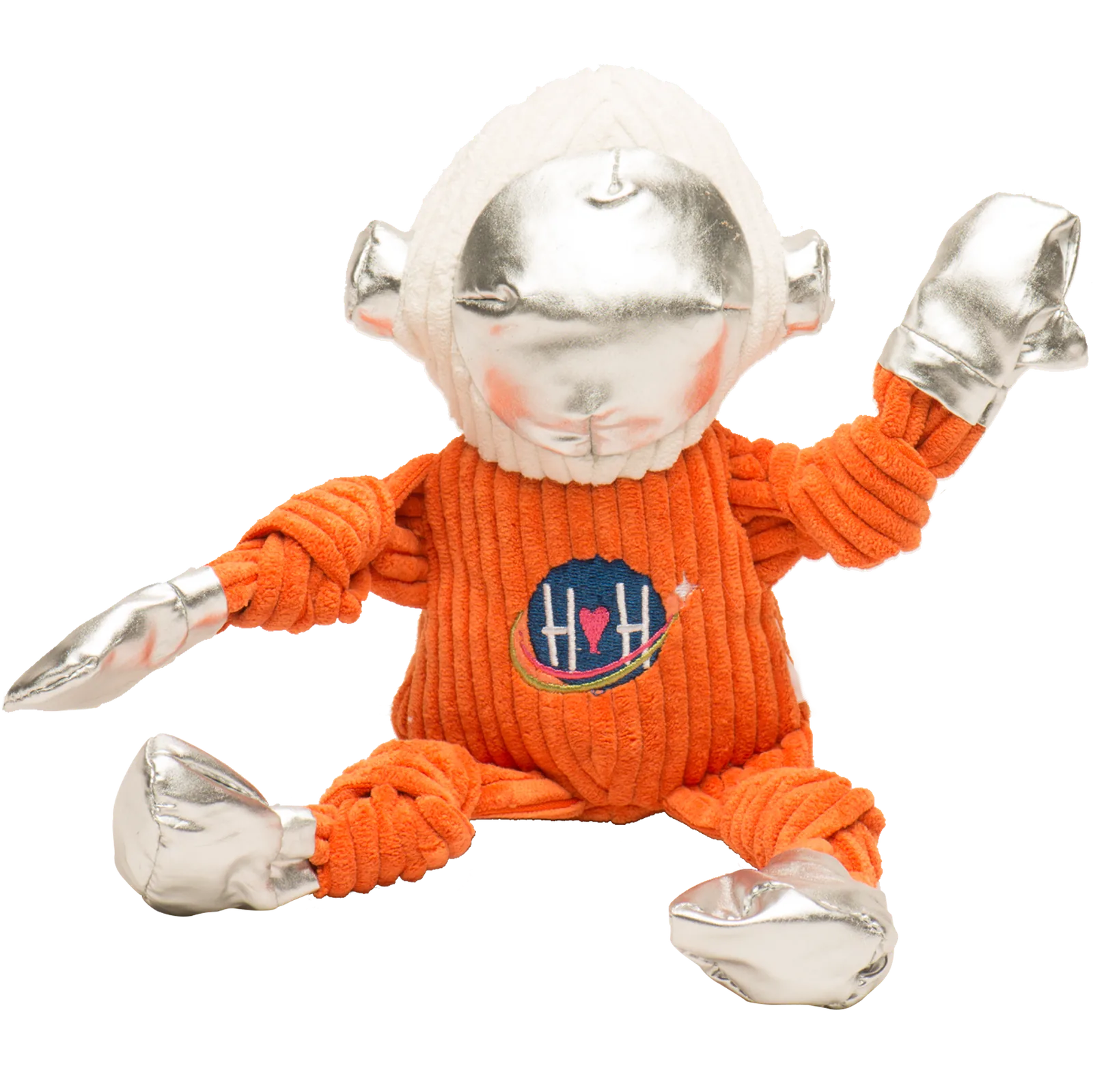 Durable Astro-Knottie® dog toy in orange with silver accents, featuring knotted limbs for tugging and squeaky play.