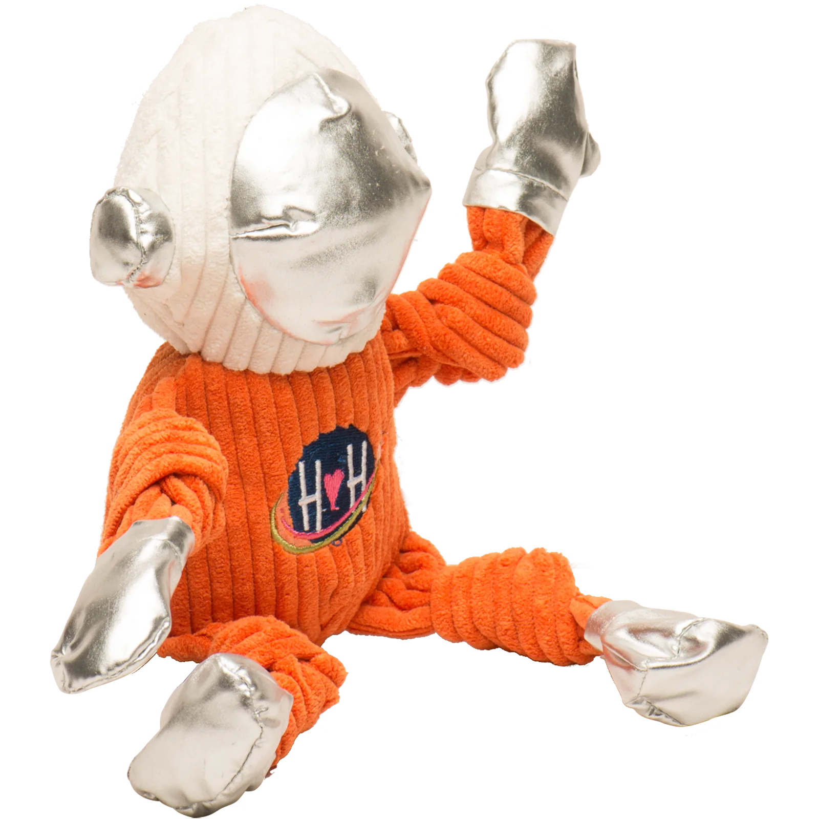 Durable plush Astro-Knottie® dog toy in orange with silver limbs, ideal for tugging and snuggling play.