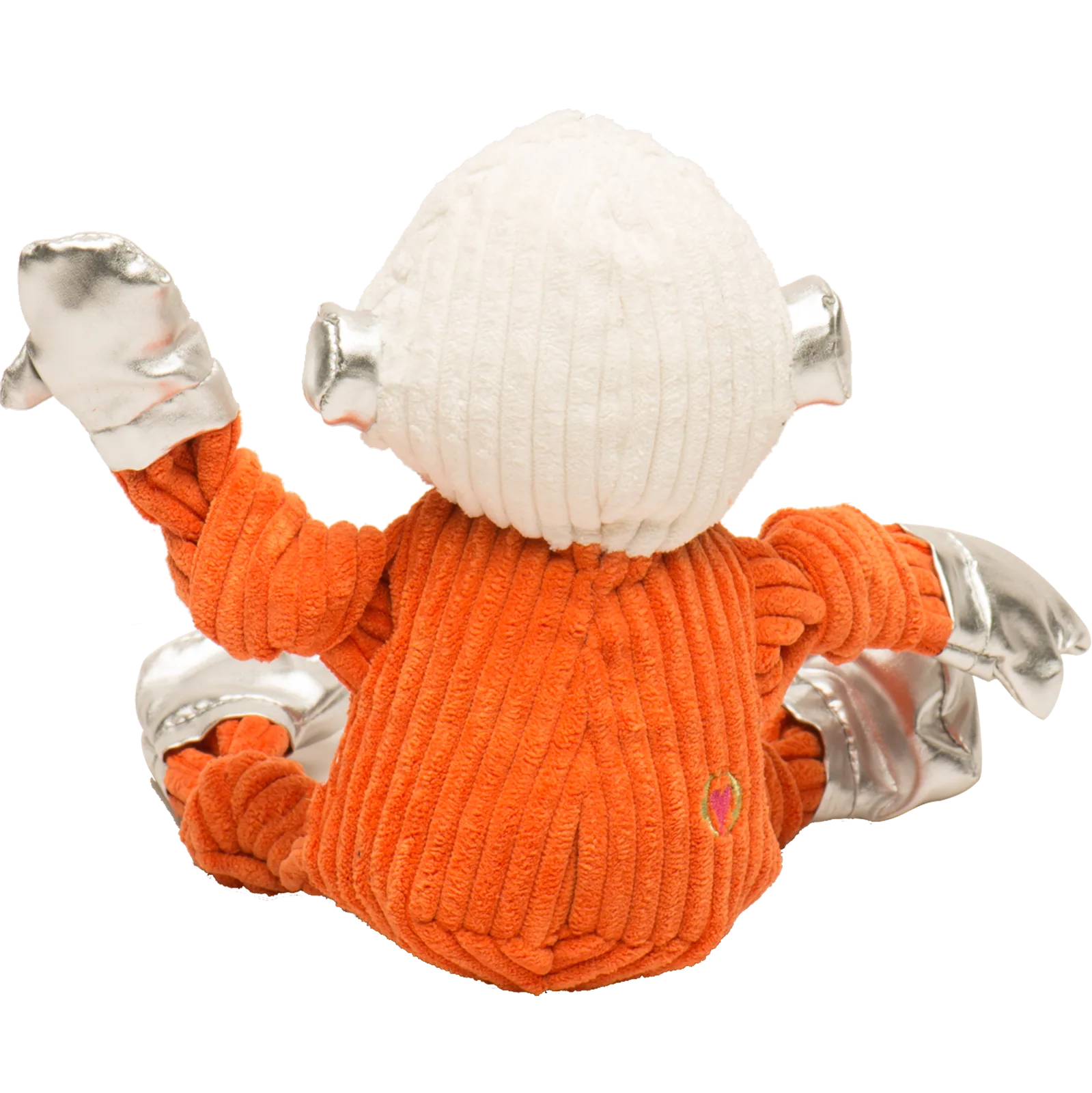 Astro-Knottie® dog toy in bright orange with silver boots and helmet, featuring knotted limbs for interactive play.
