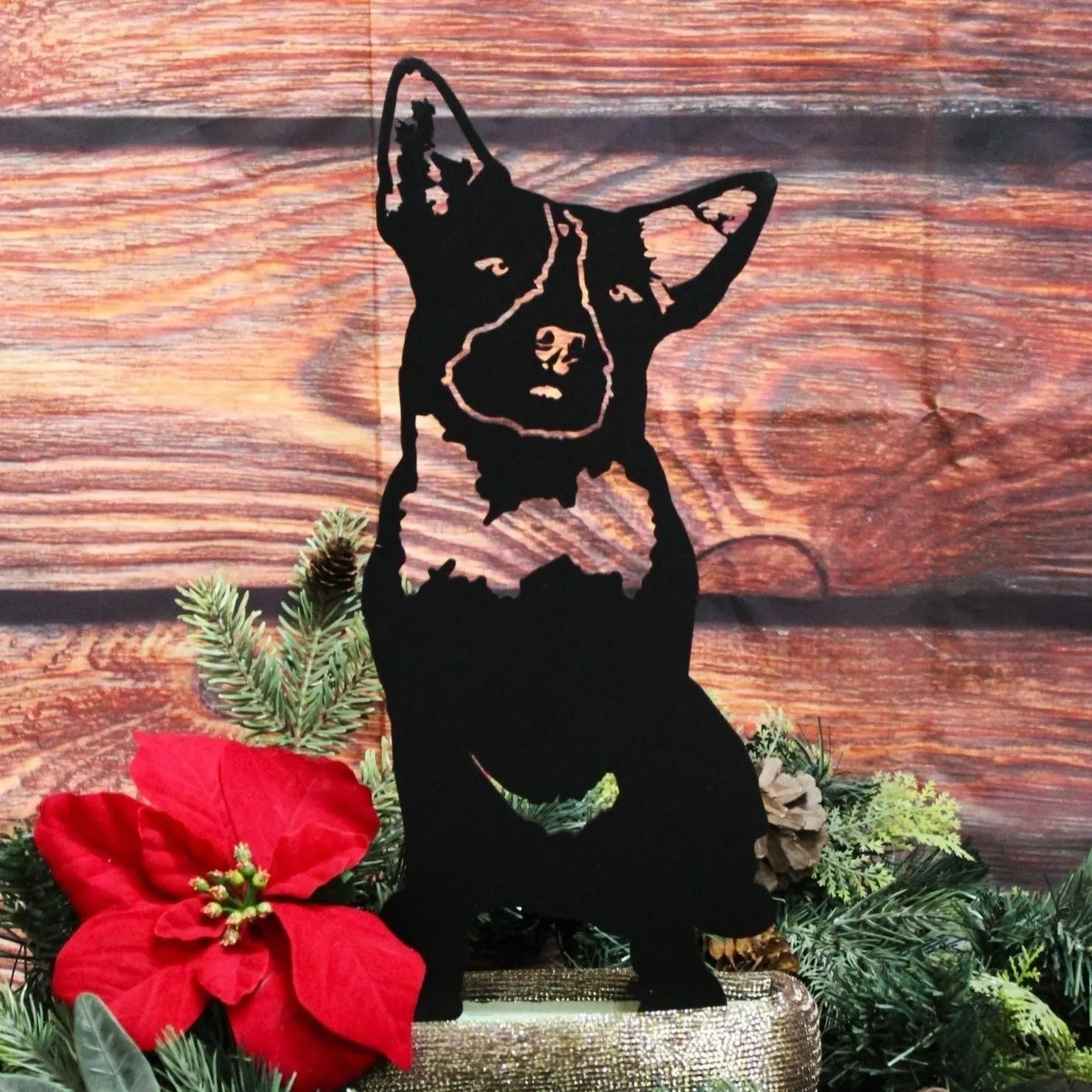 Black silhouette of an Australian Cattle Dog sits among red poinsettias and greenery, highlighting durable metal design.