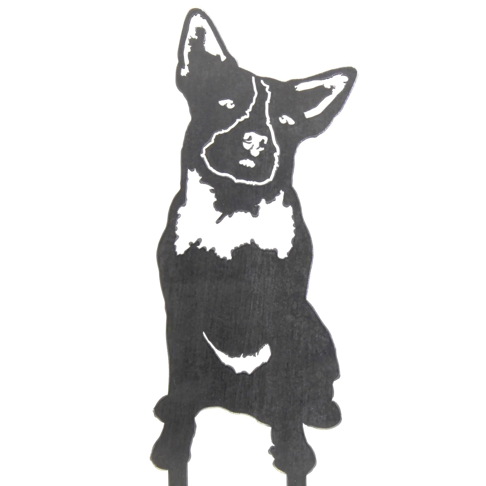 Black Australian Cattle Dog metal silhouette with detailed features, perfect for outdoor decor.