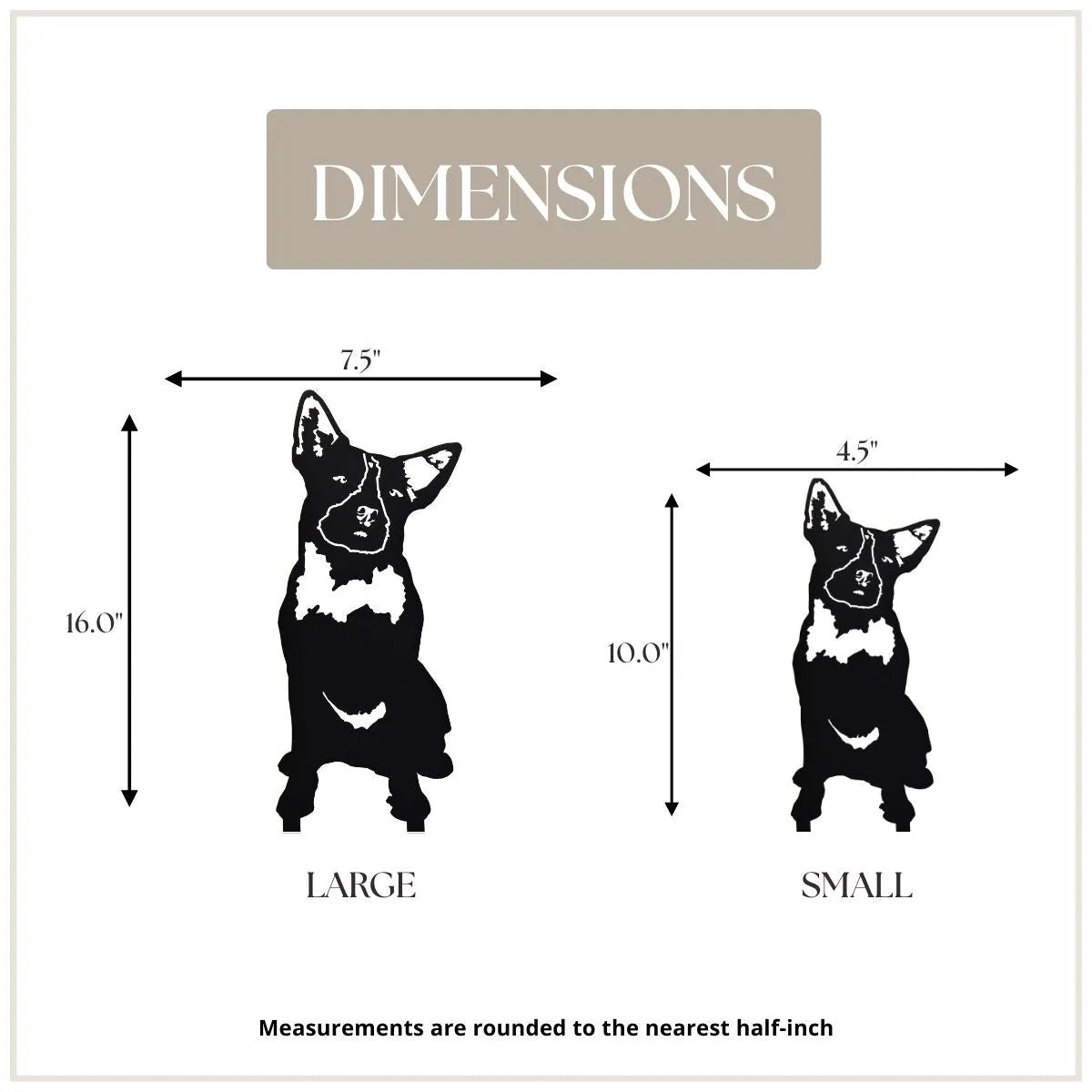 Dimensions of a black metal Australian Cattle Dog silhouette, showcasing large (16") and small (10") sizes for wall art.