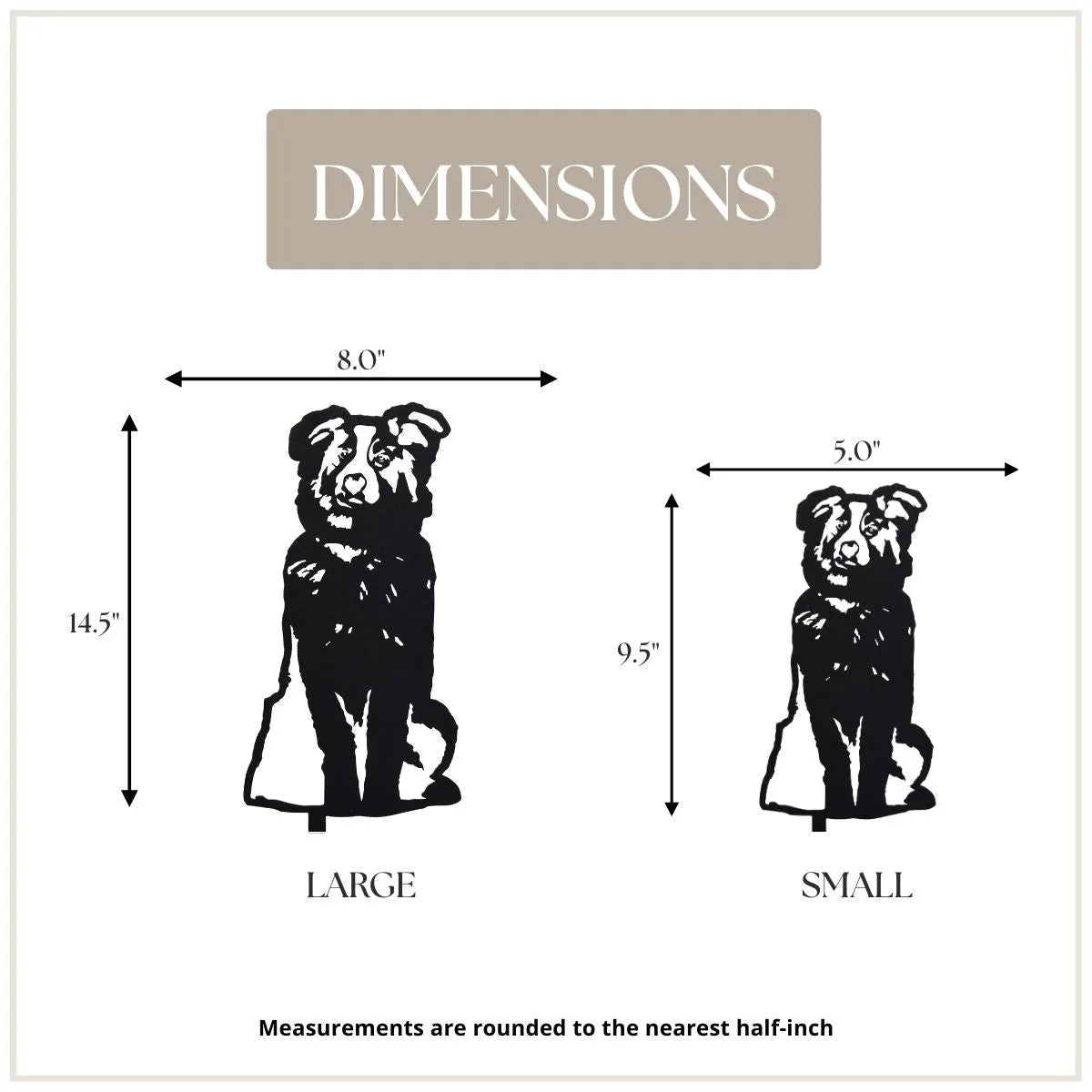 Australian Shepherd metal silhouette art showing large (14.5") and small (9.5") sizes with black finish and dimensions.