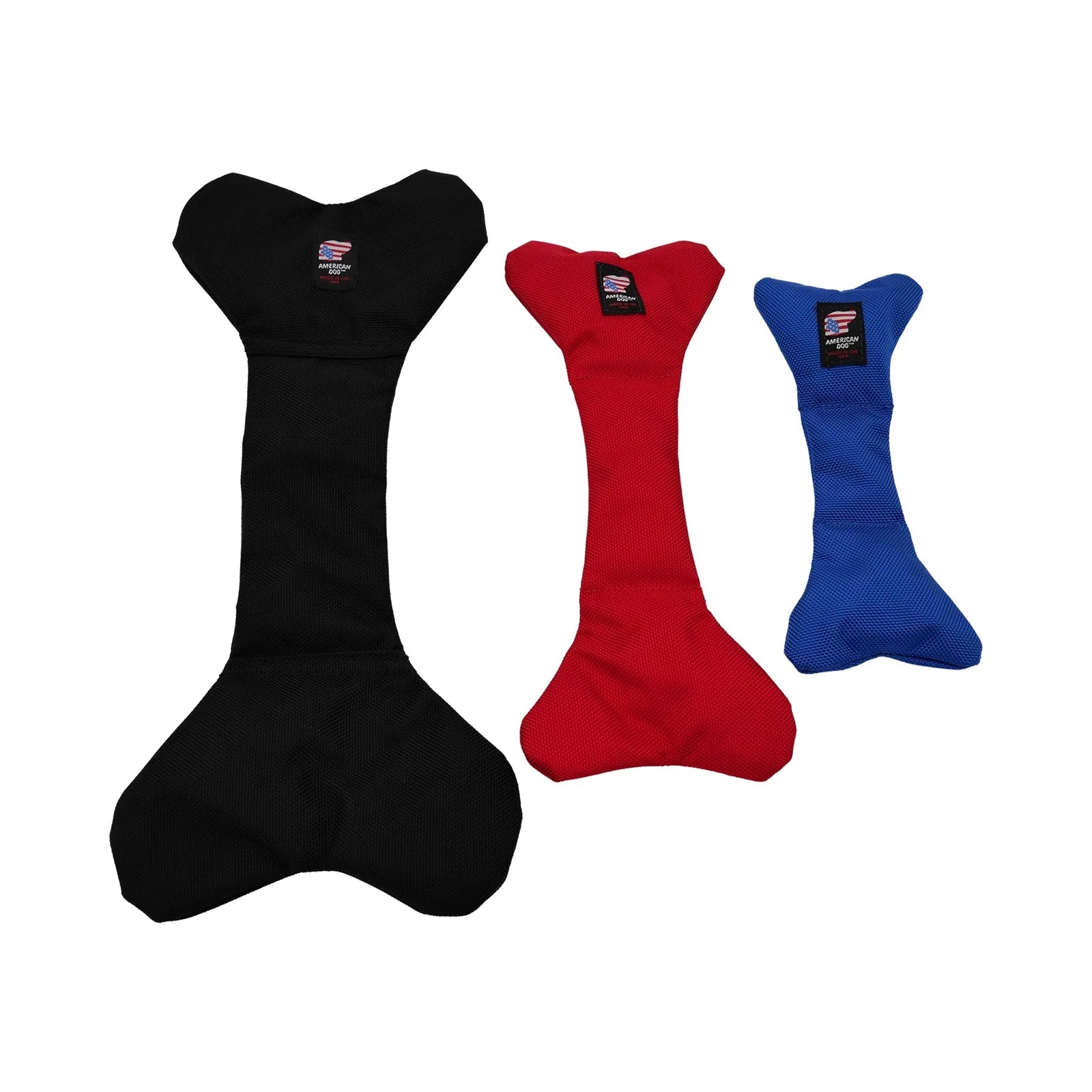 Durable, bone-shaped dog toys in black, red, and royal blue, made from ballistic nylon for interactive play.
