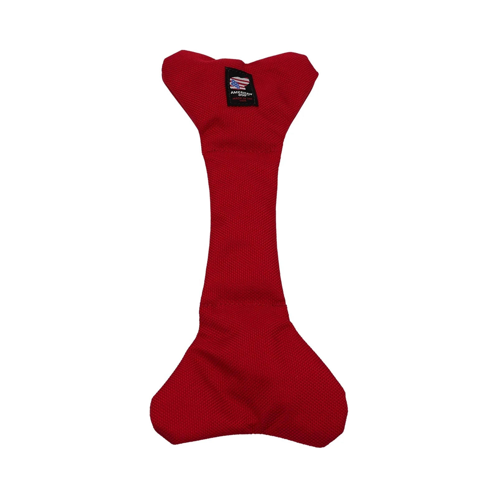 Durable red bone-shaped dog toy made of ballistic nylon, designed for fetch and interactive play.