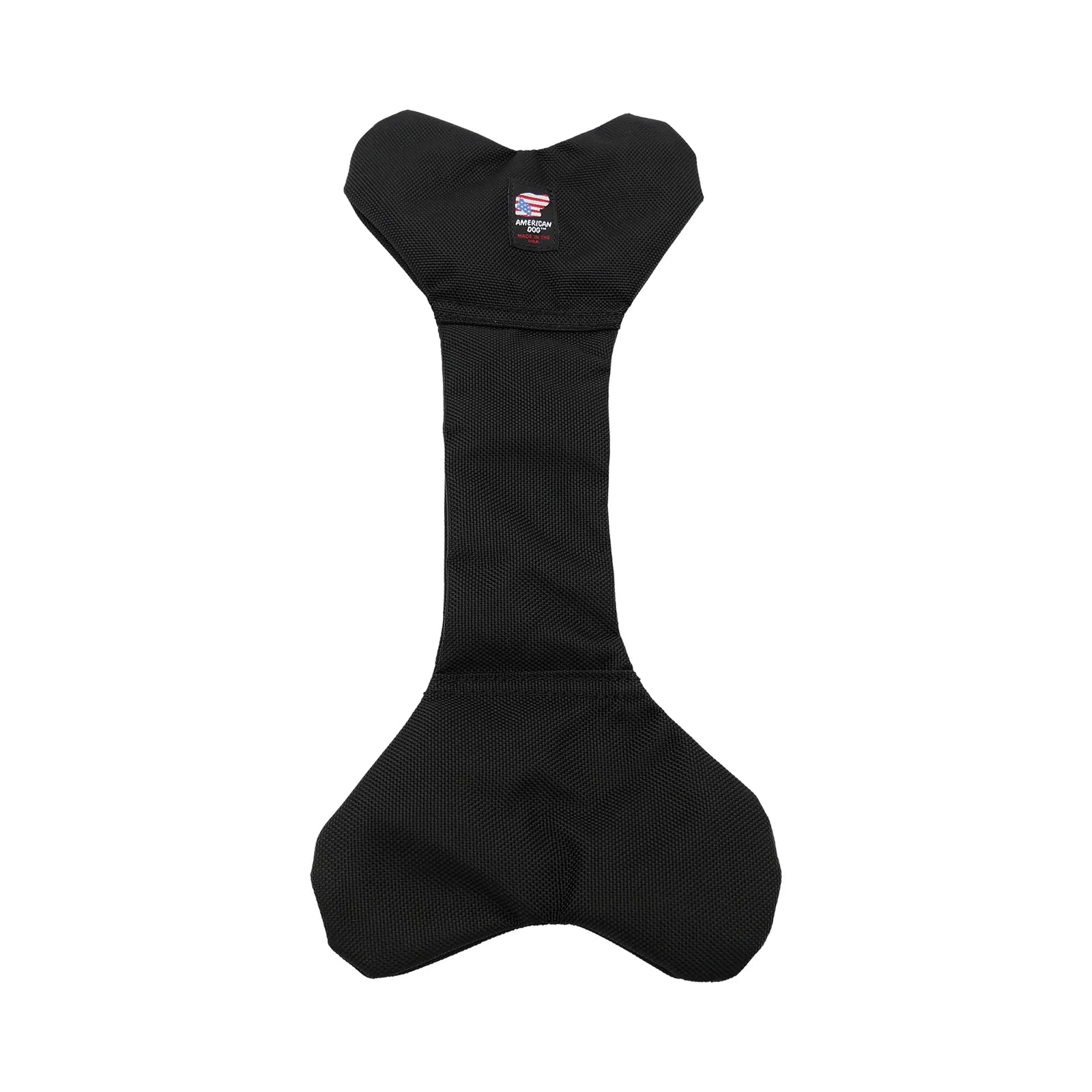 Durable black ballistic nylon bone-shaped dog toy, designed for interactive play and fetch. Perfect for moderate chewers.