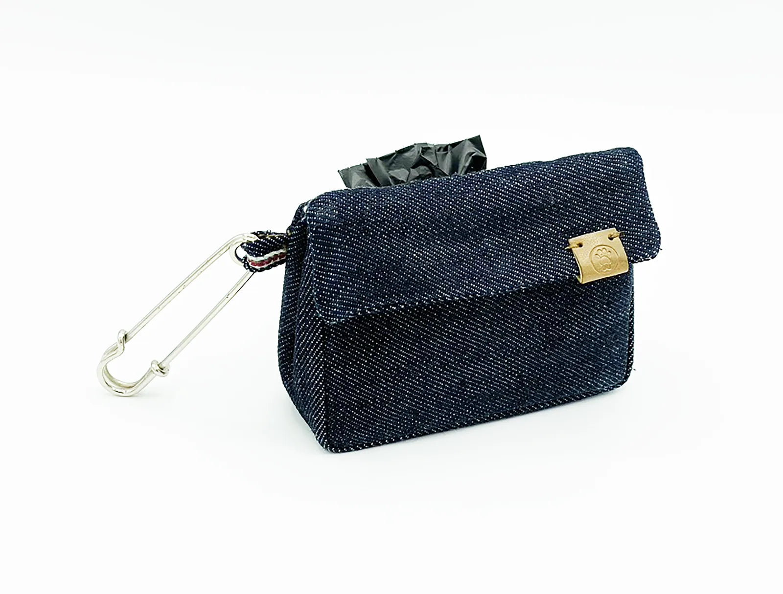 Compact navy faux leather waste bag dispenser with a stainless steel clip and a card holder for dog essentials.