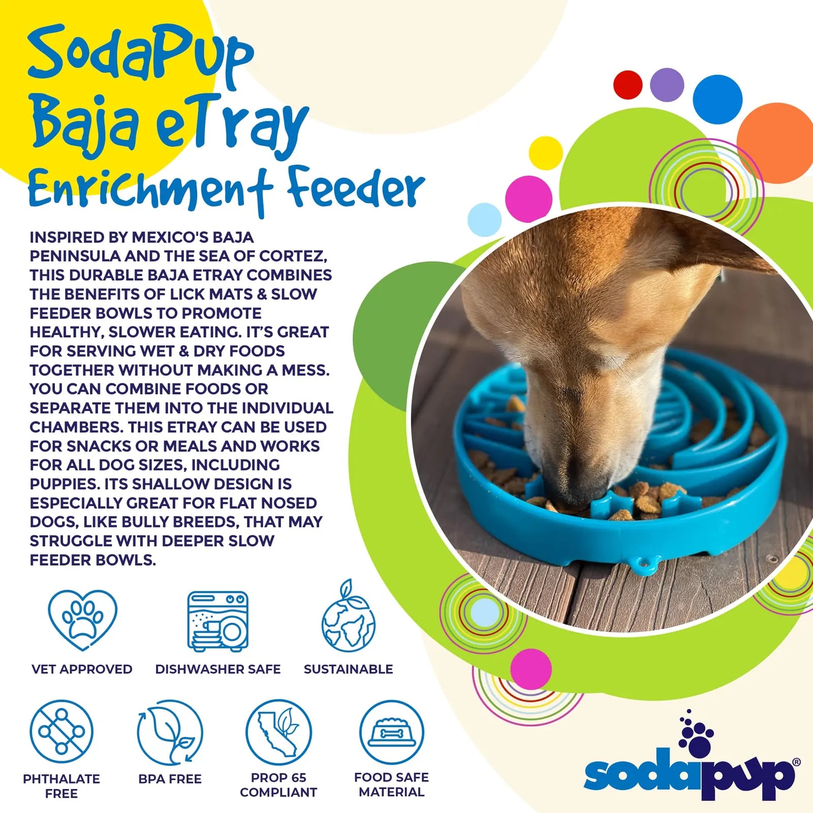 Light blue shallow slow feeder dog bowl with raised ridges designed for enriching mealtime, ideal for all dog sizes.