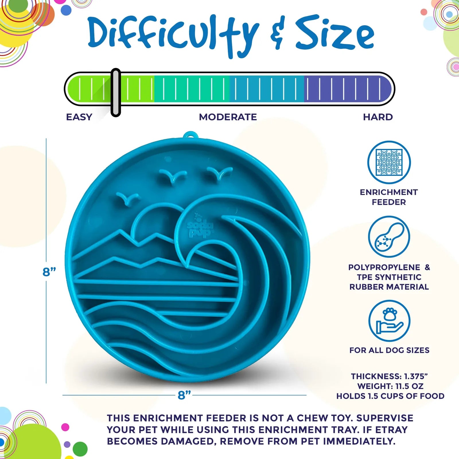 Light blue shallow slow feeder dog bowl with wave design, made from food-safe material, holding up to 1.5 cups of food.
