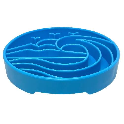 Light blue shallow slow feeder dog bowl with raised ridges for enrichment, made from food-safe materials.