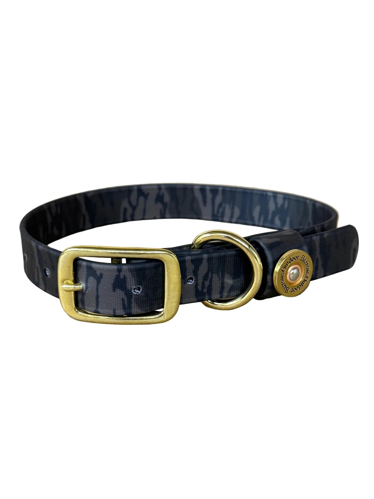 Durable Bottomland dog collar in dark camo pattern with golden buckle and welded D-ring for stable leash attachment.