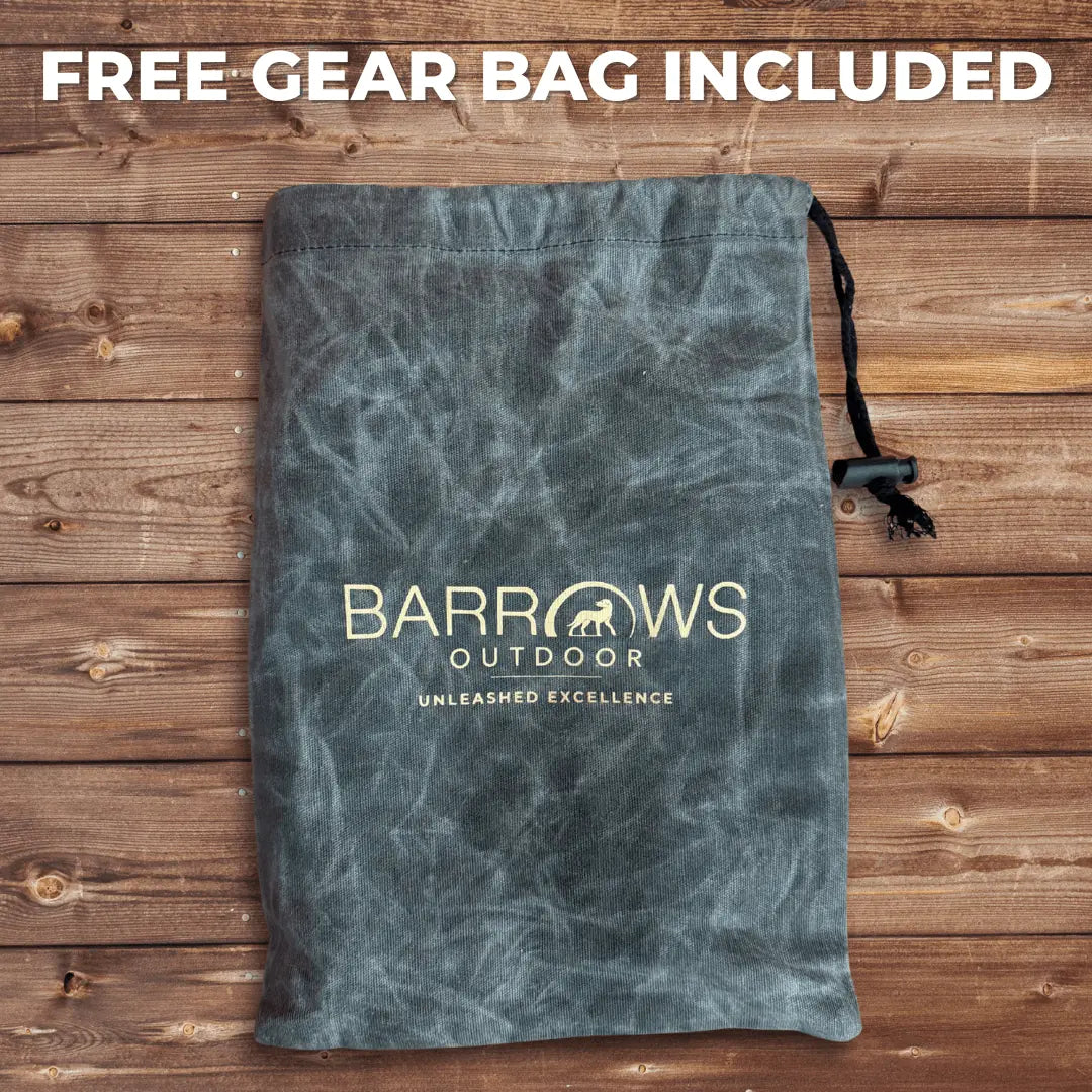 Gray gear bag with "BARROWS OUTDOOR" logo on a wooden background, indicating a free bag included with the collar.