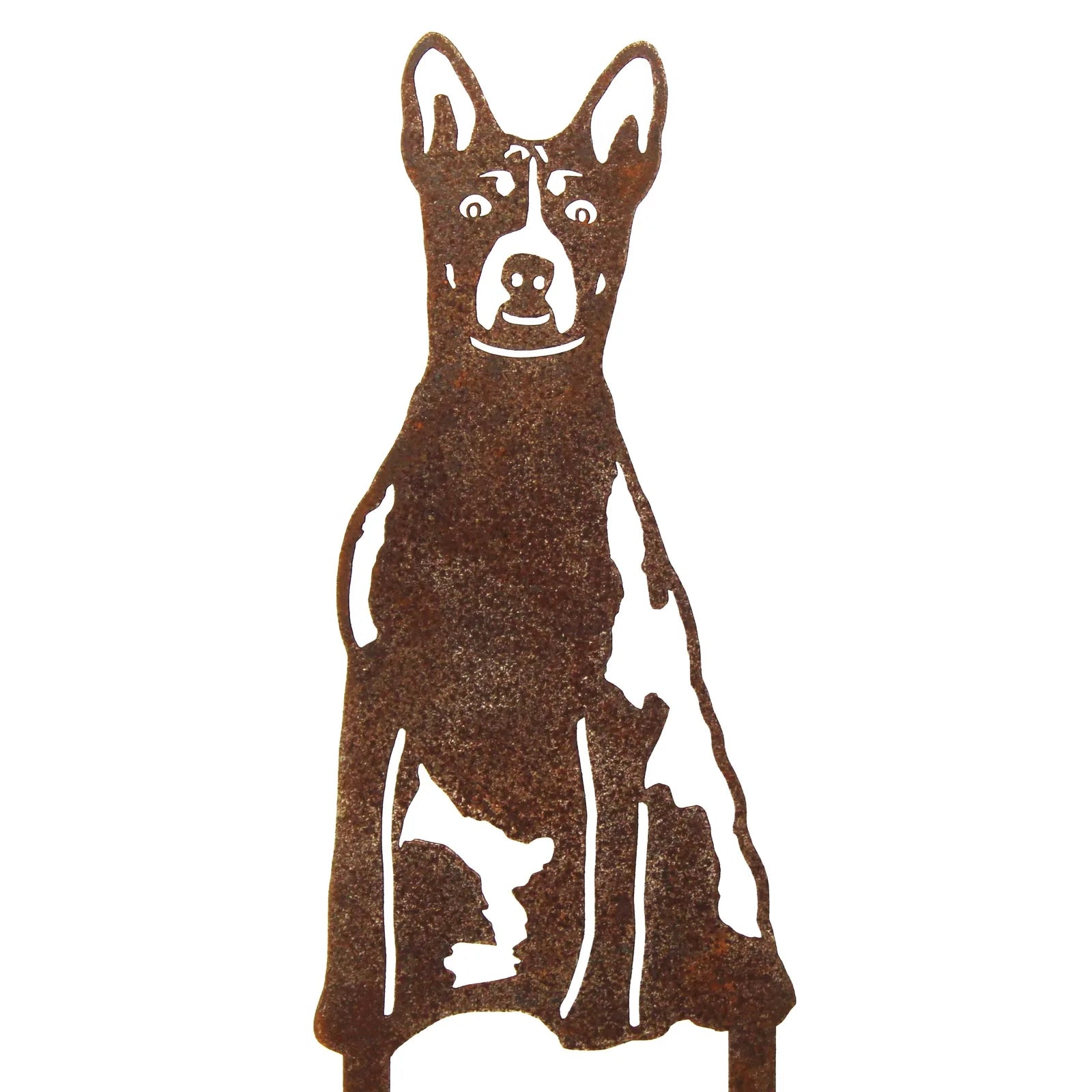 Rusty metal silhouette of a Basenji dog, showcasing details and structure, ideal for outdoor decor.