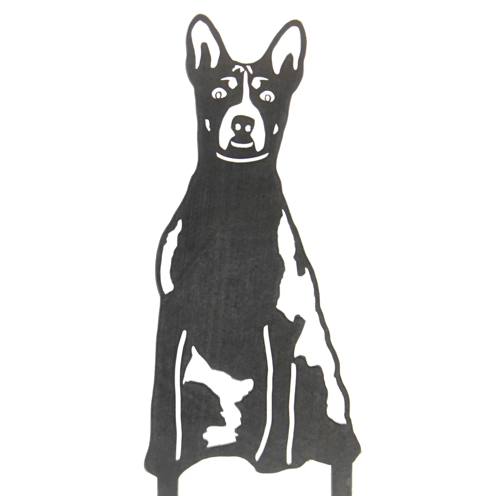 Black metal silhouette of a seated Basenji dog with detailed facial features, ideal for outdoor decor.