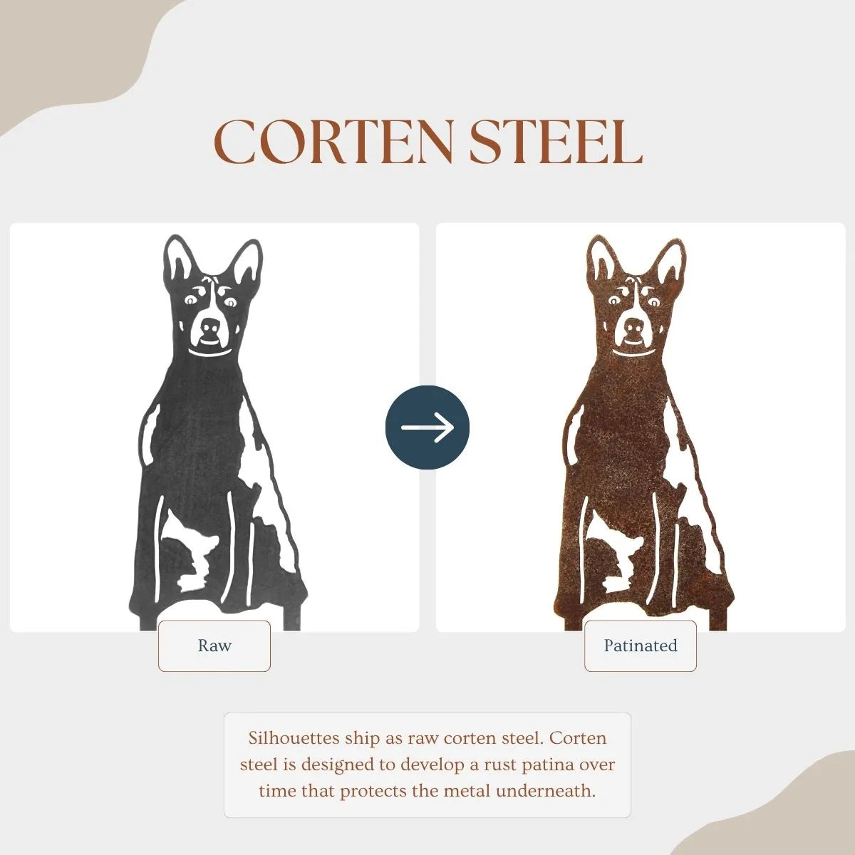 Basenji metal silhouette comparison showcasing raw and patinated Corten steel finishes.