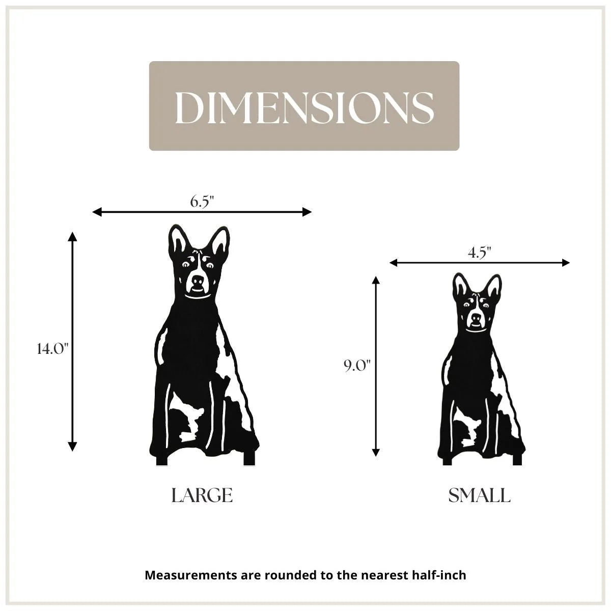 Dimensions of Basenji silhouette wall art, showcasing a large (14") and small (9") design in black metal.
