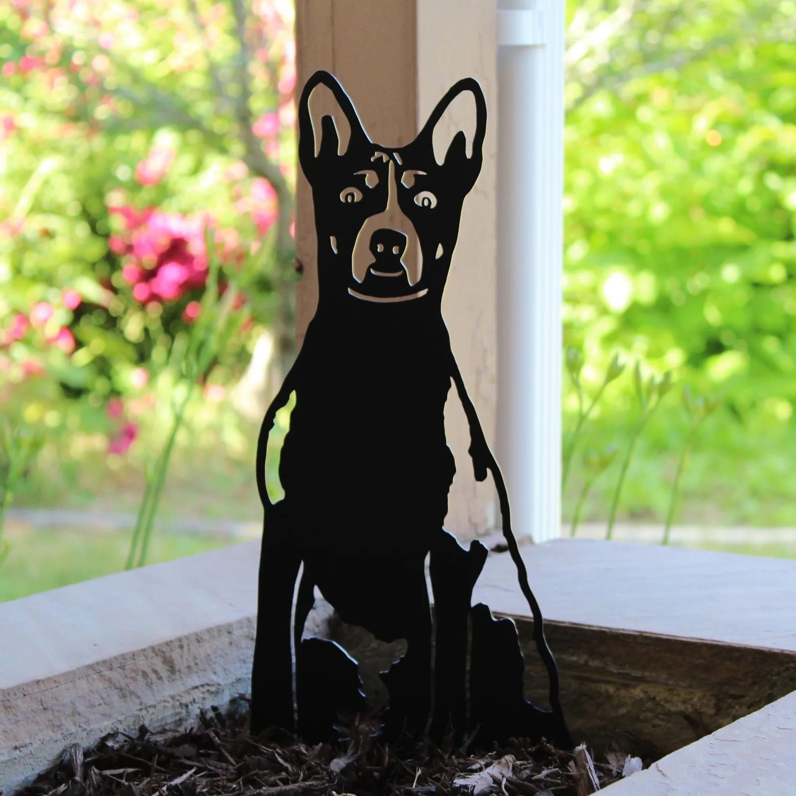 Basenji silhouette in matte black metal, seated with expressive eyes, set among vibrant greenery and mulch.