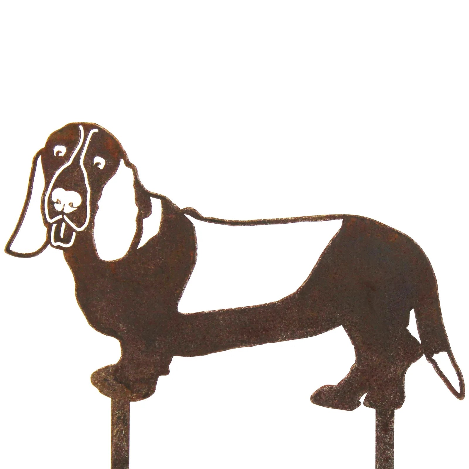 Basset Hound metal silhouette in weathered Corten steel, designed for garden decor with two installation stakes.