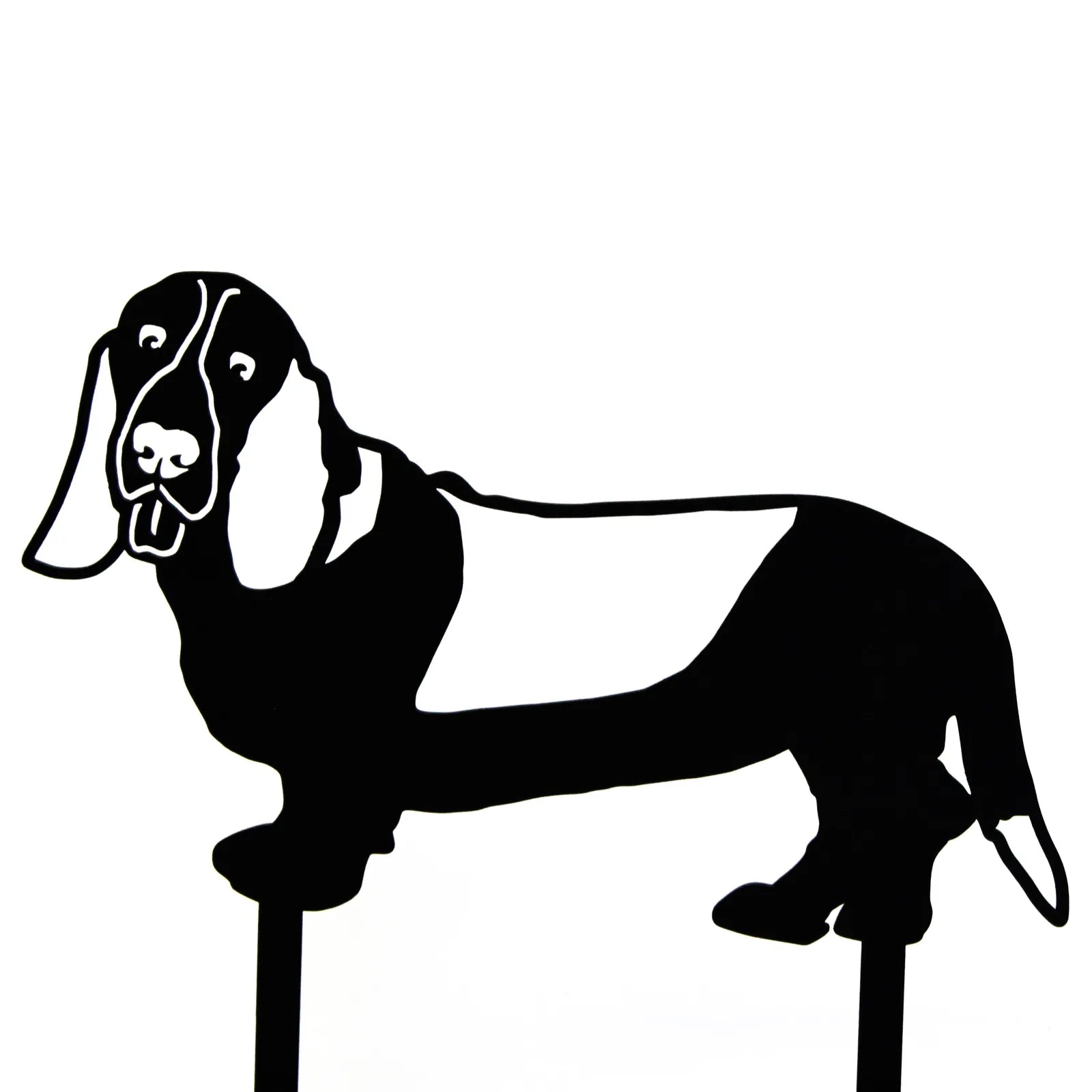 Basset Hound metal silhouette in black, showcasing a whimsical design, perfect for garden decor or wall art.