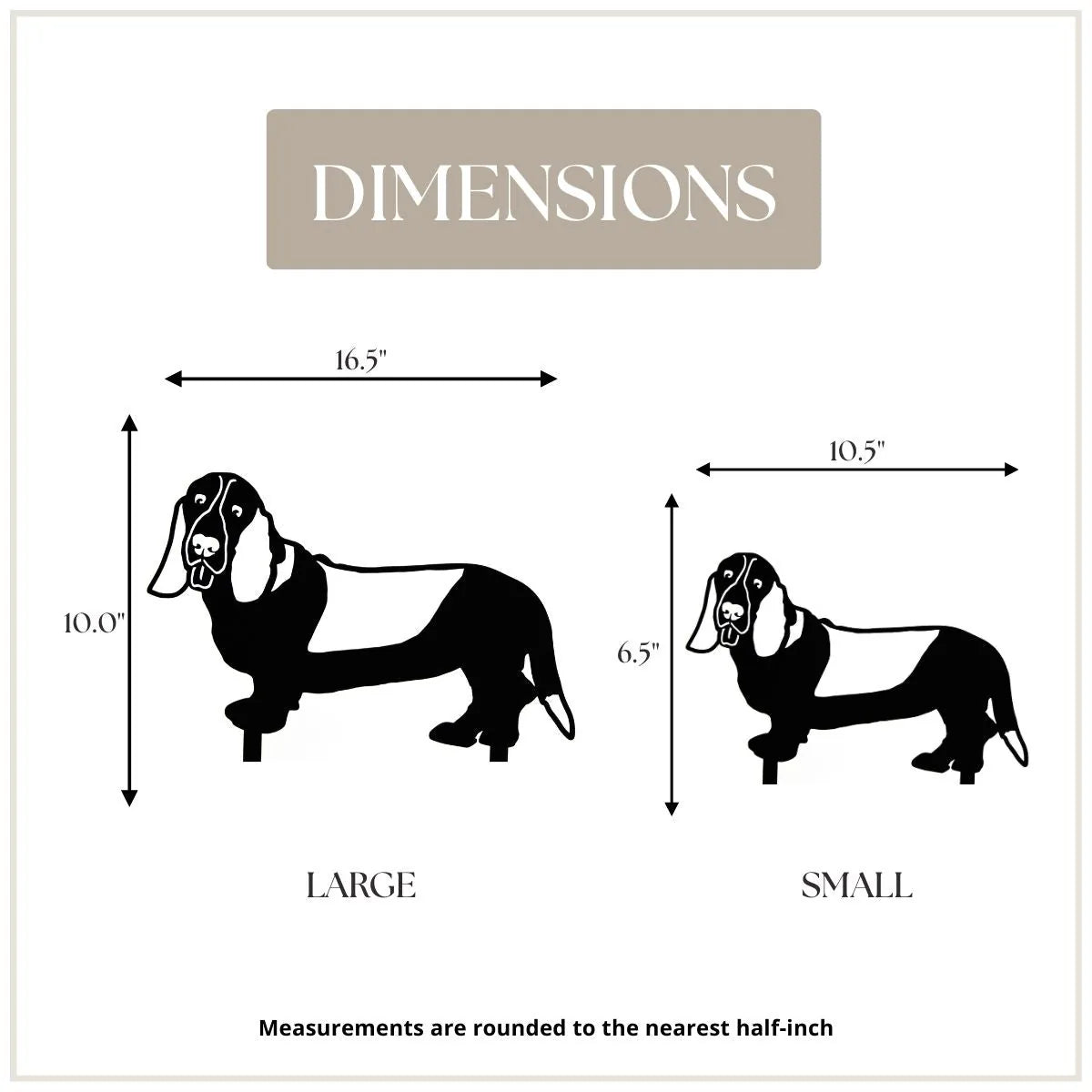 Basset Hound silhouette dimensions chart showing large (10") and small (6.5") options in black design.
