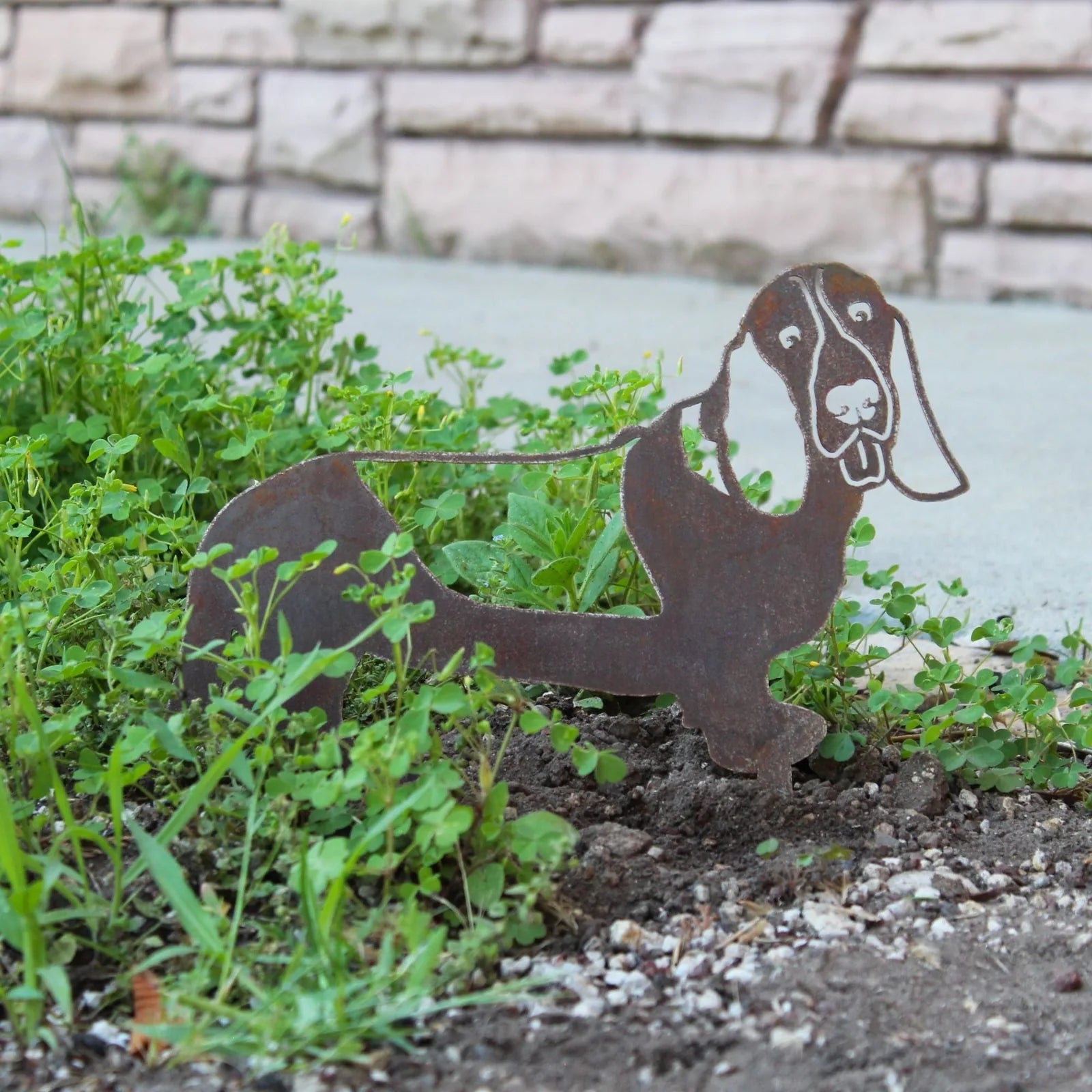 Basset Hound metal silhouette in weathered Corten steel, accented by green foliage in a garden setting.