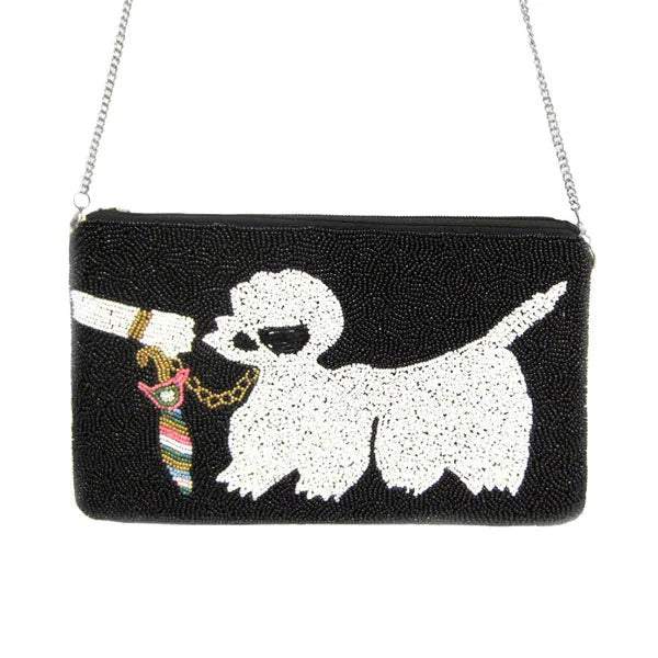 Black beaded crossbody bag featuring a playful poodle design with colorful leash details, perfect for stylish outings.