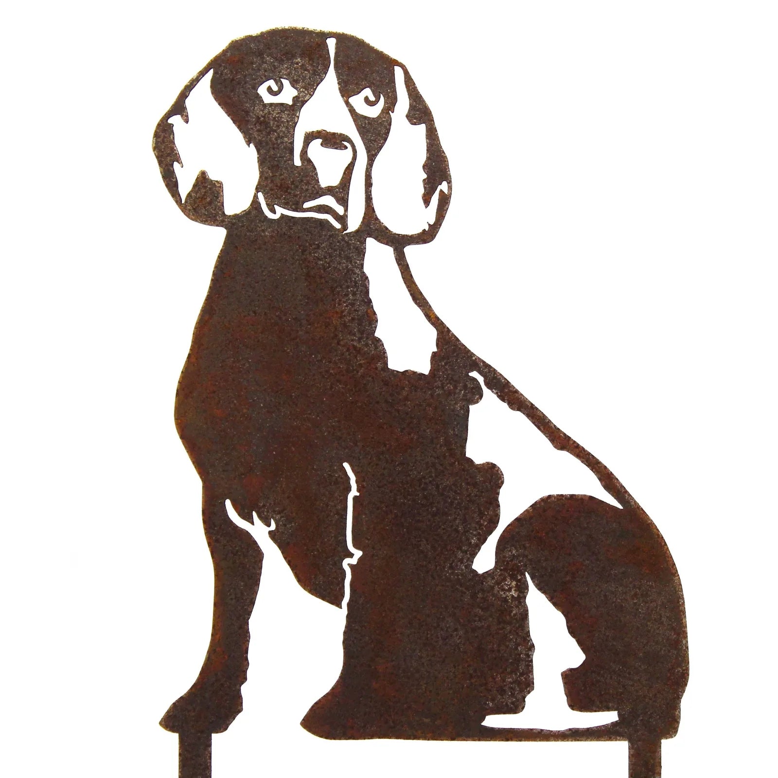 Rusty Corten steel Beagle silhouette, showcasing detailed markings for rustic outdoor dog decor.