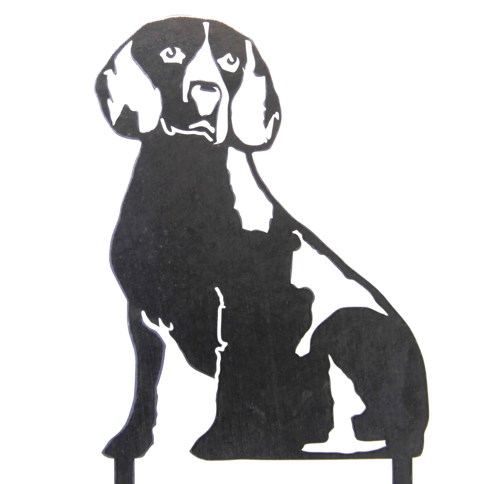 Black metal silhouette of a Beagle sitting, designed for outdoor dog decor, highlighting its distinct features.