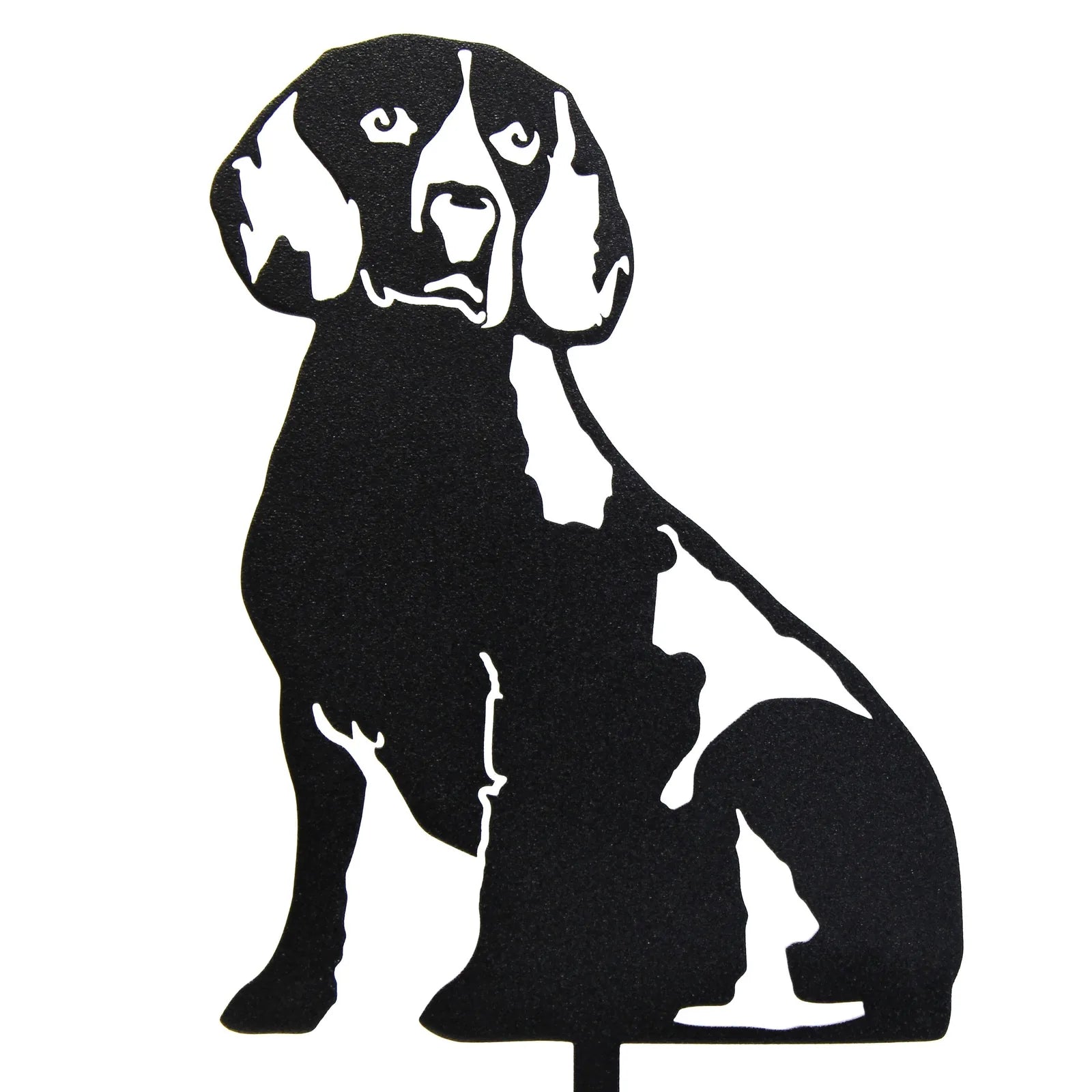 Black metal silhouette of a Beagle sitting, featuring detailed cutouts for eyes and ears, ideal for outdoor decor.