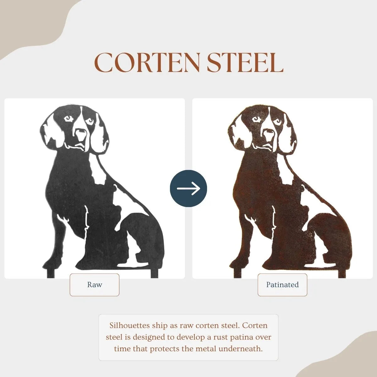 Beagle silhouette in raw corten steel, showcasing its design before developing a protective rust patina.