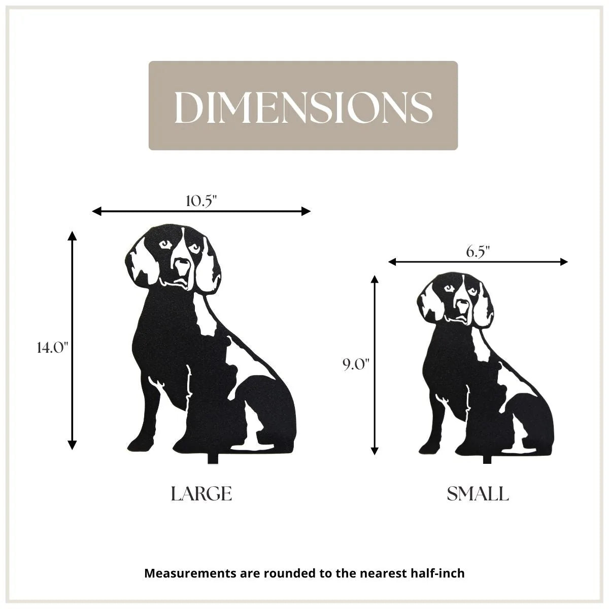 Beagle metal silhouette dimensions showing large (14" x 10.5") and small (9" x 6.5") sizes with black finish.
