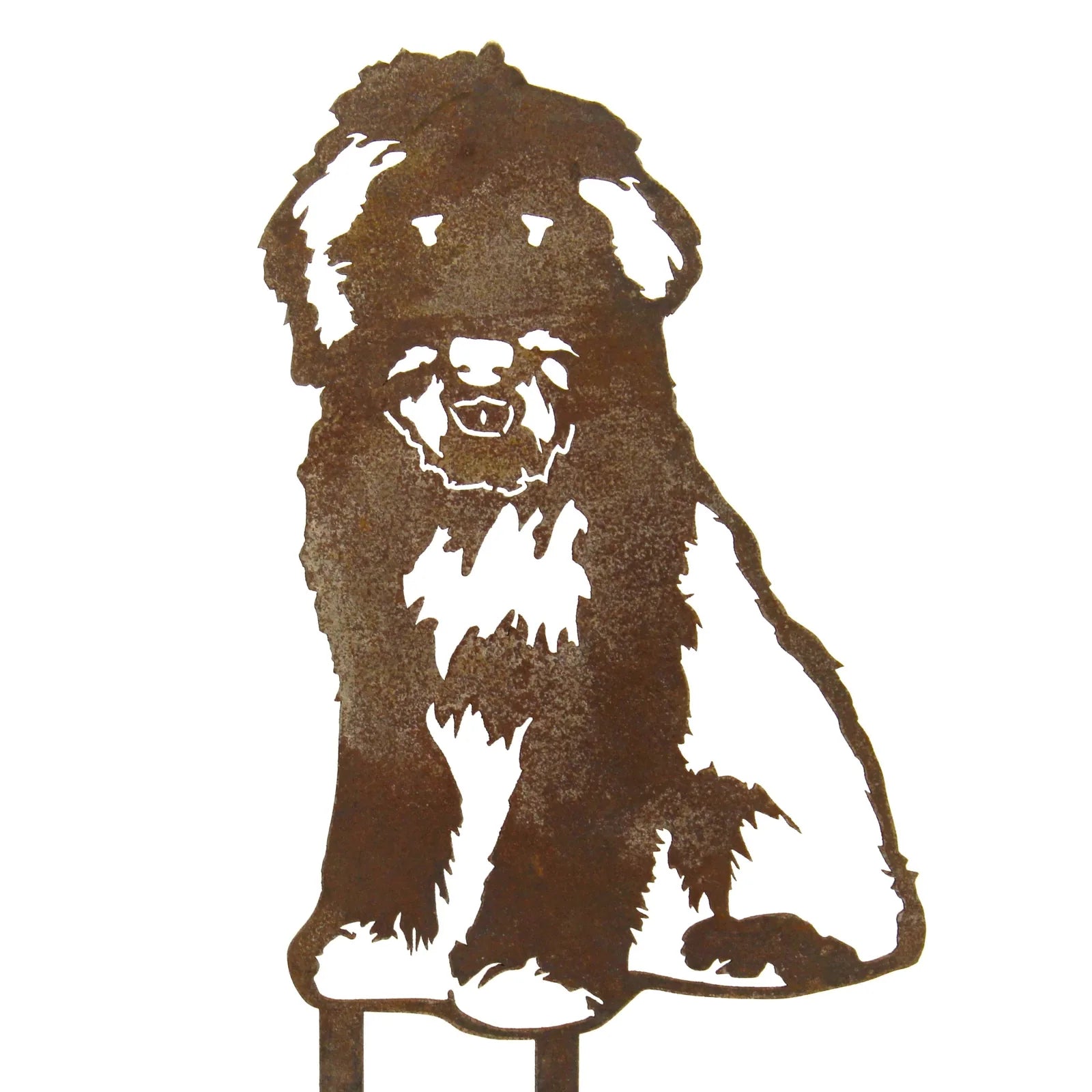 Bearded Collie metal silhouette in rusted Corten steel, showcasing detailed cutout design for outdoor dog decor.