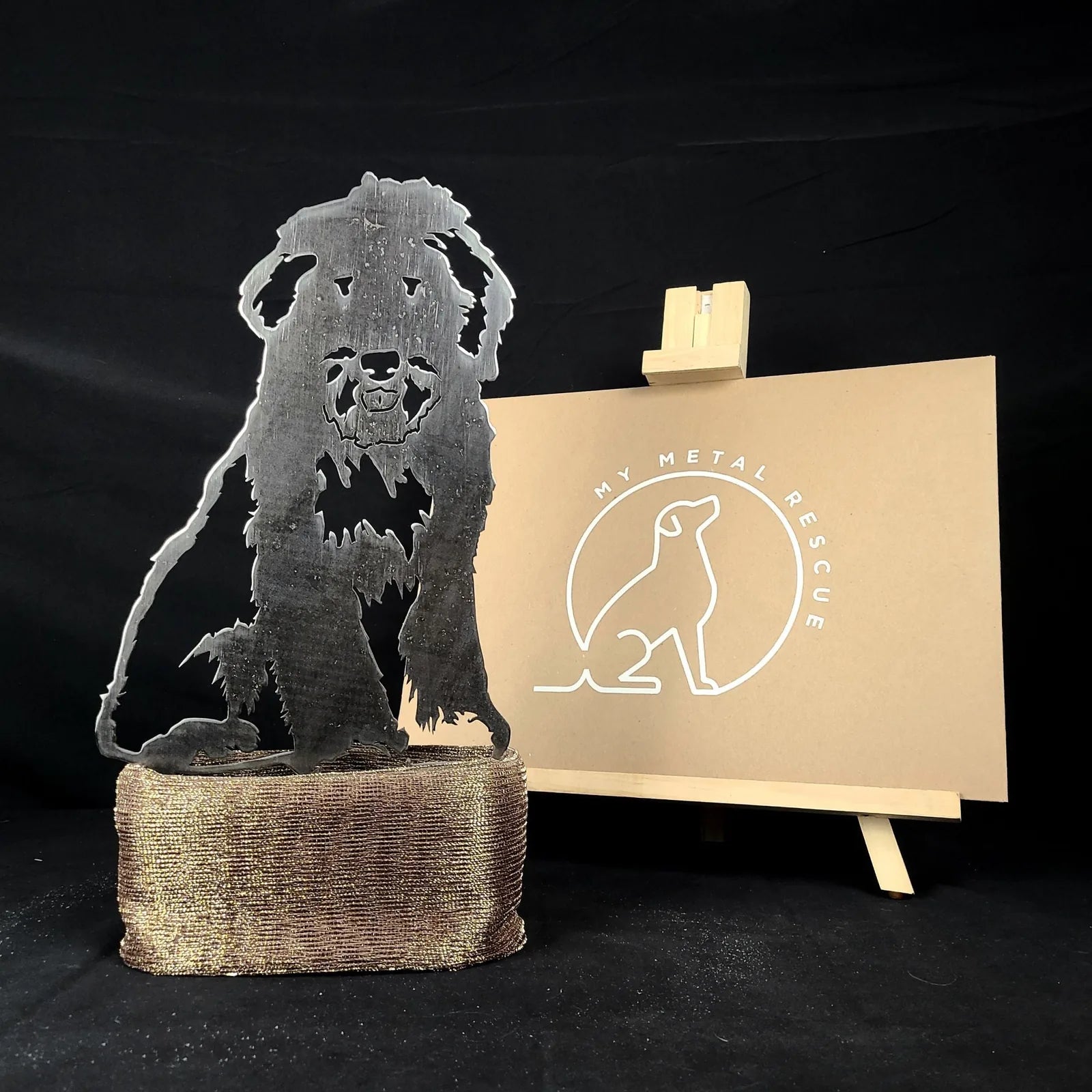 Bearded Collie metal silhouette on rustic base, ideal for outdoor dog decor by My Metal Rescue.