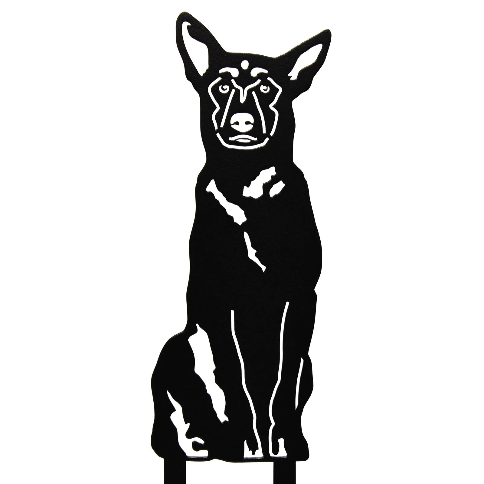 Black metal silhouette of a Belgian Malinois sitting, featuring detailed cutouts and a sturdy design for outdoor decor.