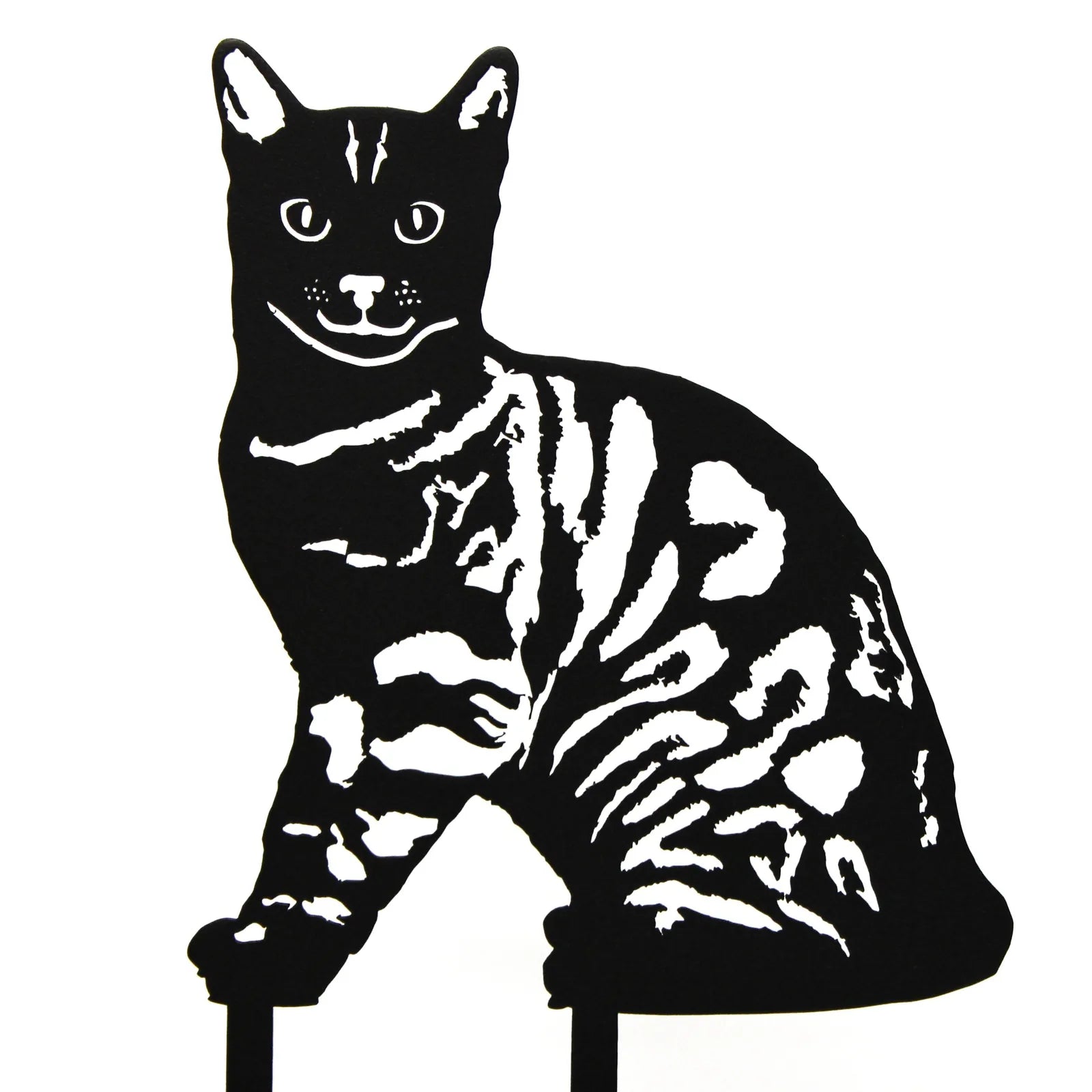 Black metal Bengal cat silhouette with intricate striped detailing, designed for outdoor display.