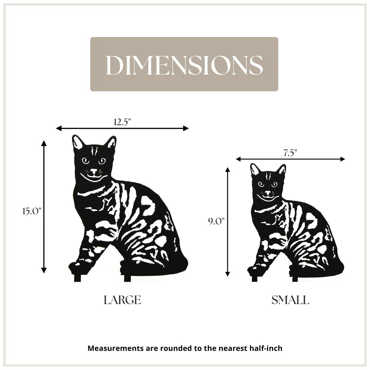 Bengal metal silhouette dimensions, showcasing large (15") and small (9") black cutouts on a white background.