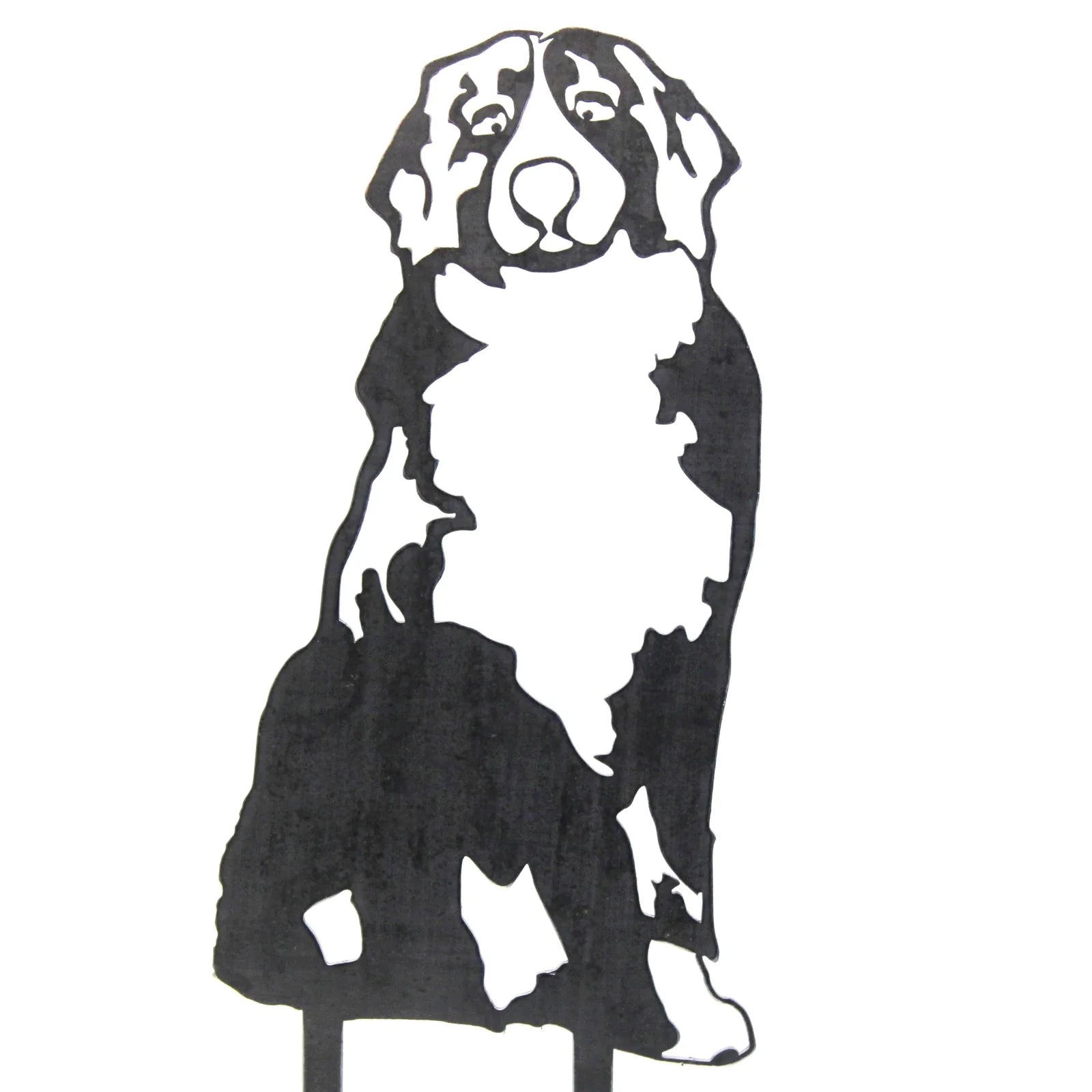 Black metal silhouette of a Bernese Mountain Dog, designed for outdoor accent decor or garden display.