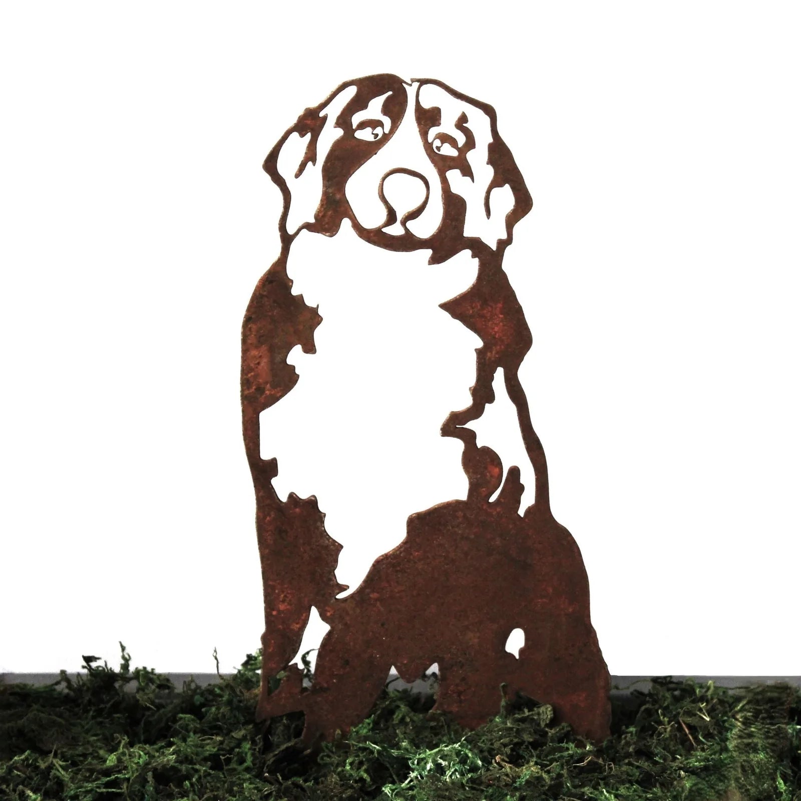 Handmade metal silhouette of a Bernese Mountain Dog in weathered Corten steel, set against a white background.