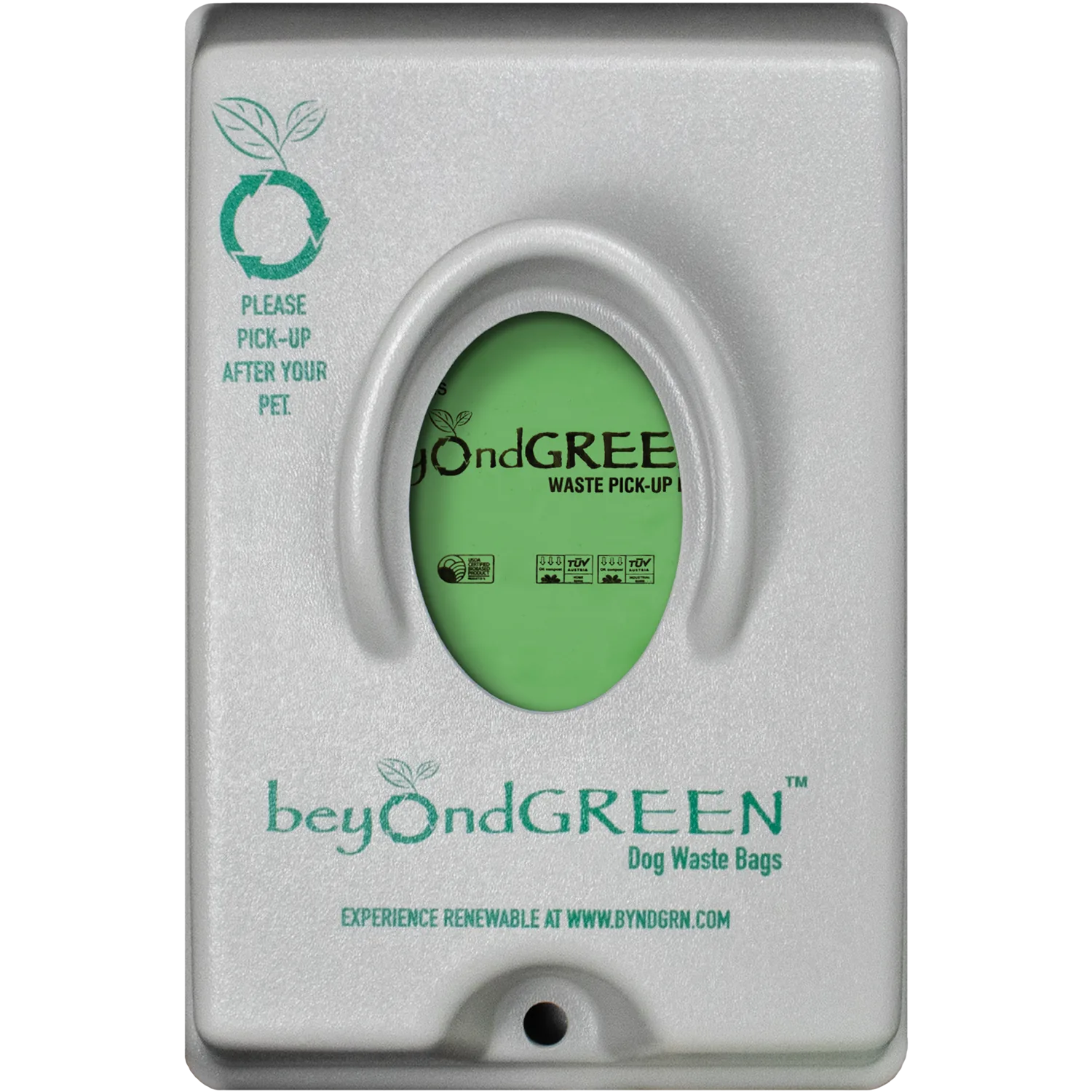 Gray beyondGREEN Single-Pull Dog Waste Bag Dispenser featuring a front-loading design and a green waste bag visible throug...