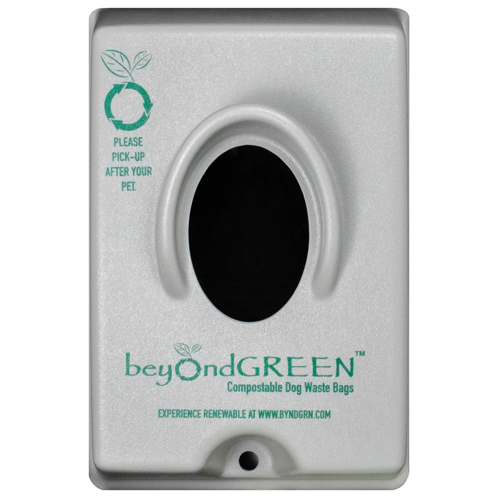 Gray beyondGREEN Single-Pull Dog Waste Bag Dispenser with an oval opening and eco-friendly messaging for responsible pet w...