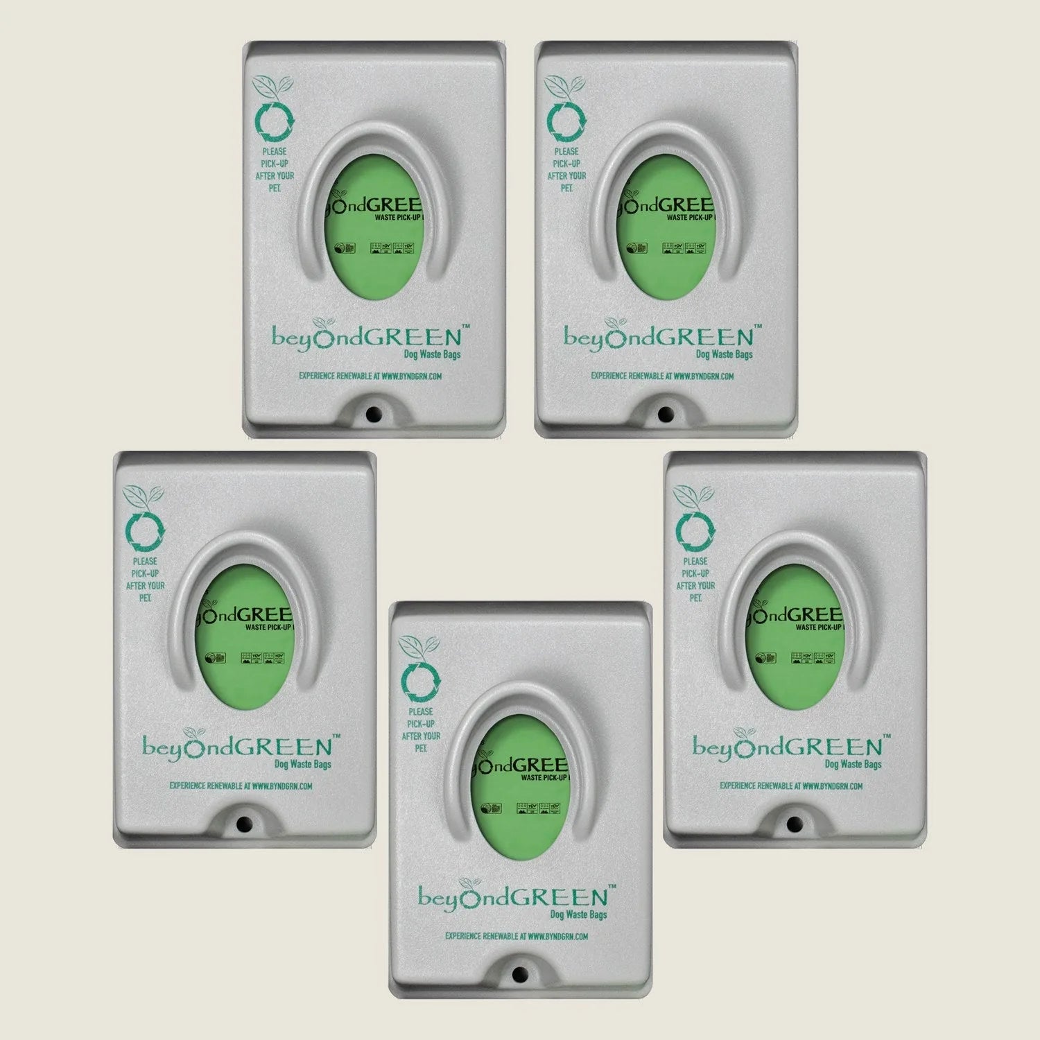 Gray beyondGREEN single-pull dog waste bag dispensers arranged in a cluster, featuring a green viewing window and eco-frie...
