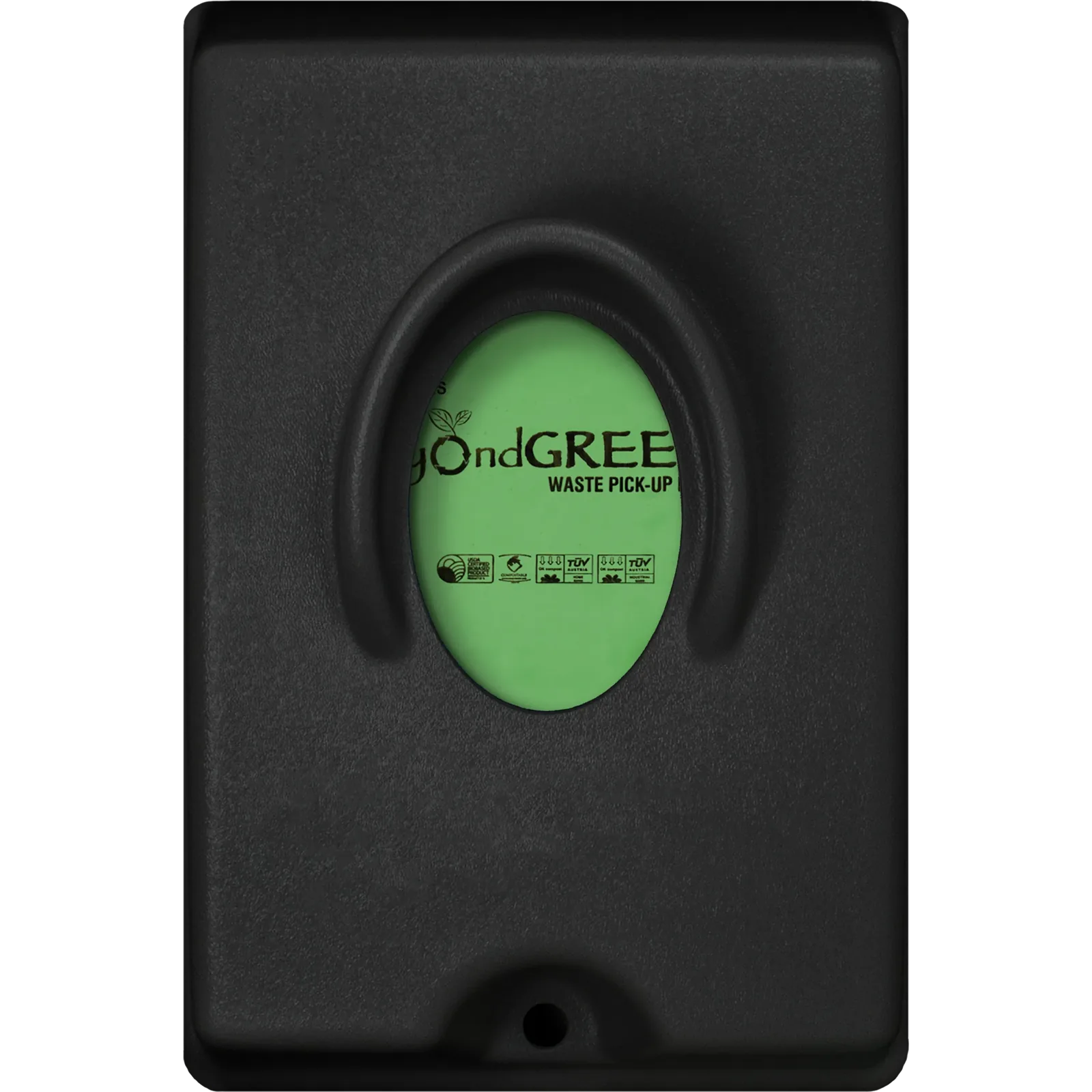 Black beyondGREEN dog waste bag dispenser with a green access area for easy bag retrieval. Designed for durability and eas...