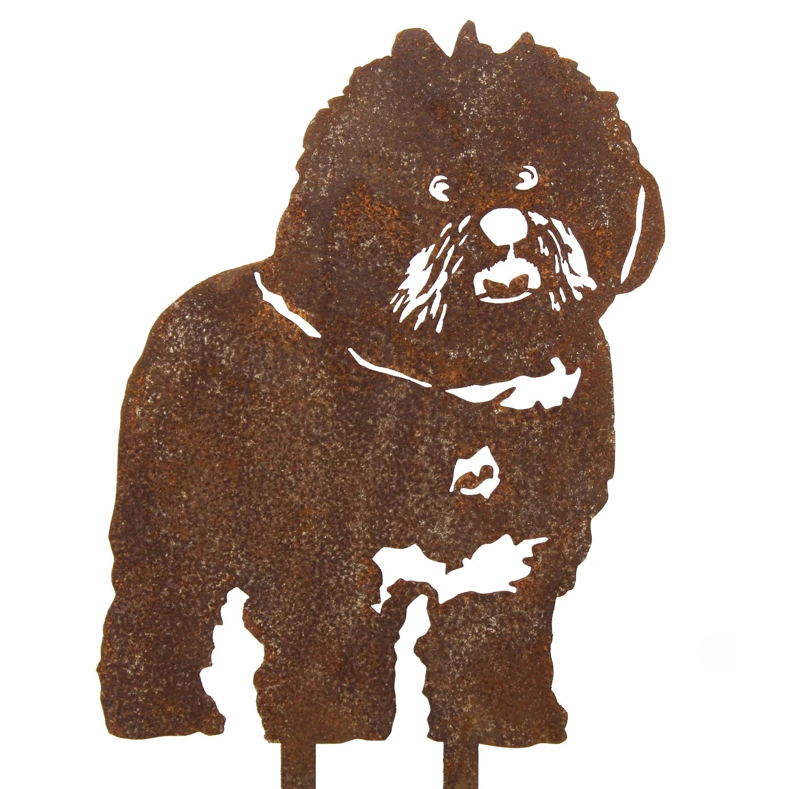 Rusty metal silhouette of a Bichon Frise dog, showcasing detailed features and character in Corten steel.