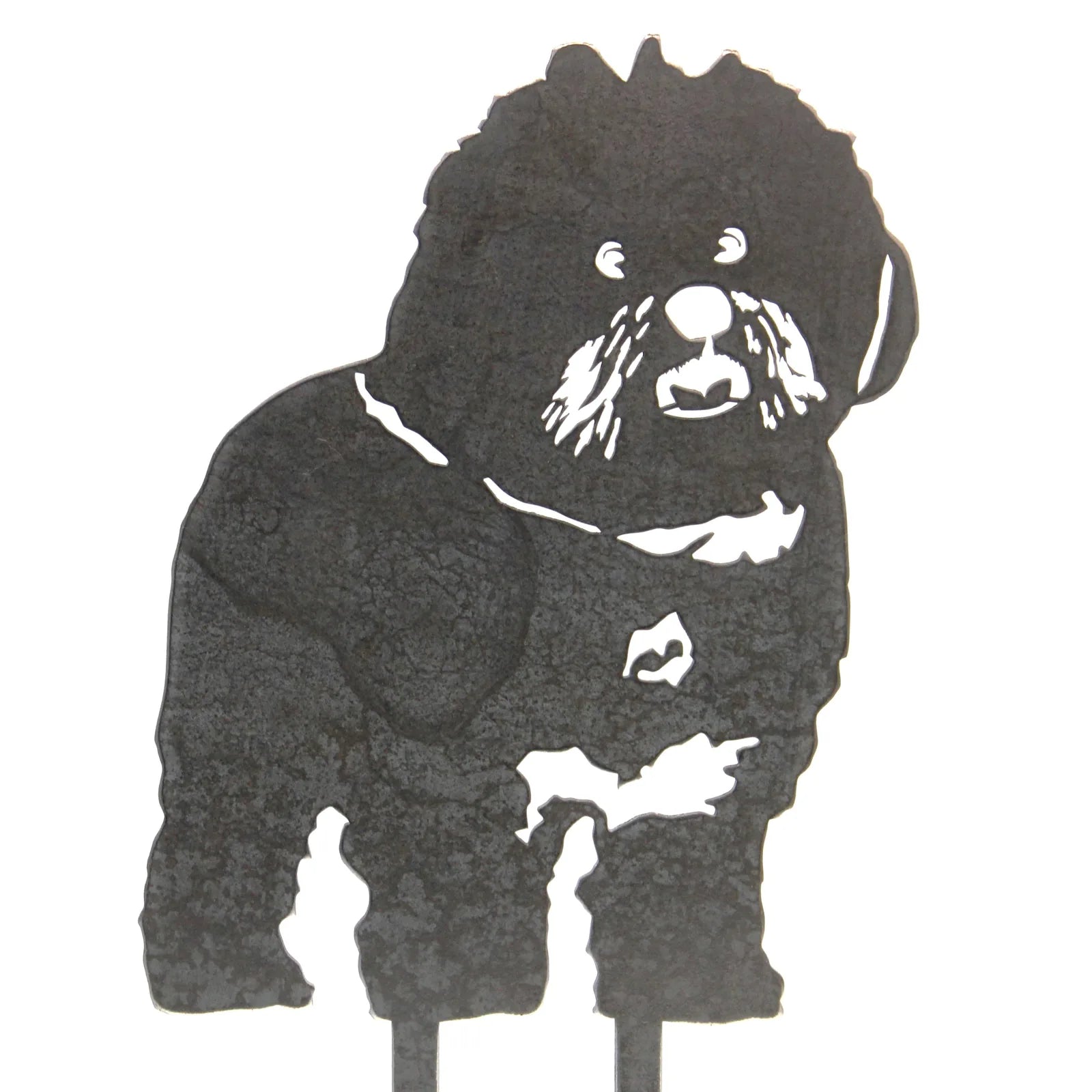 Handmade black metal silhouette of a Bichon Frise, featuring detailed facial features and sturdy stakes for display.