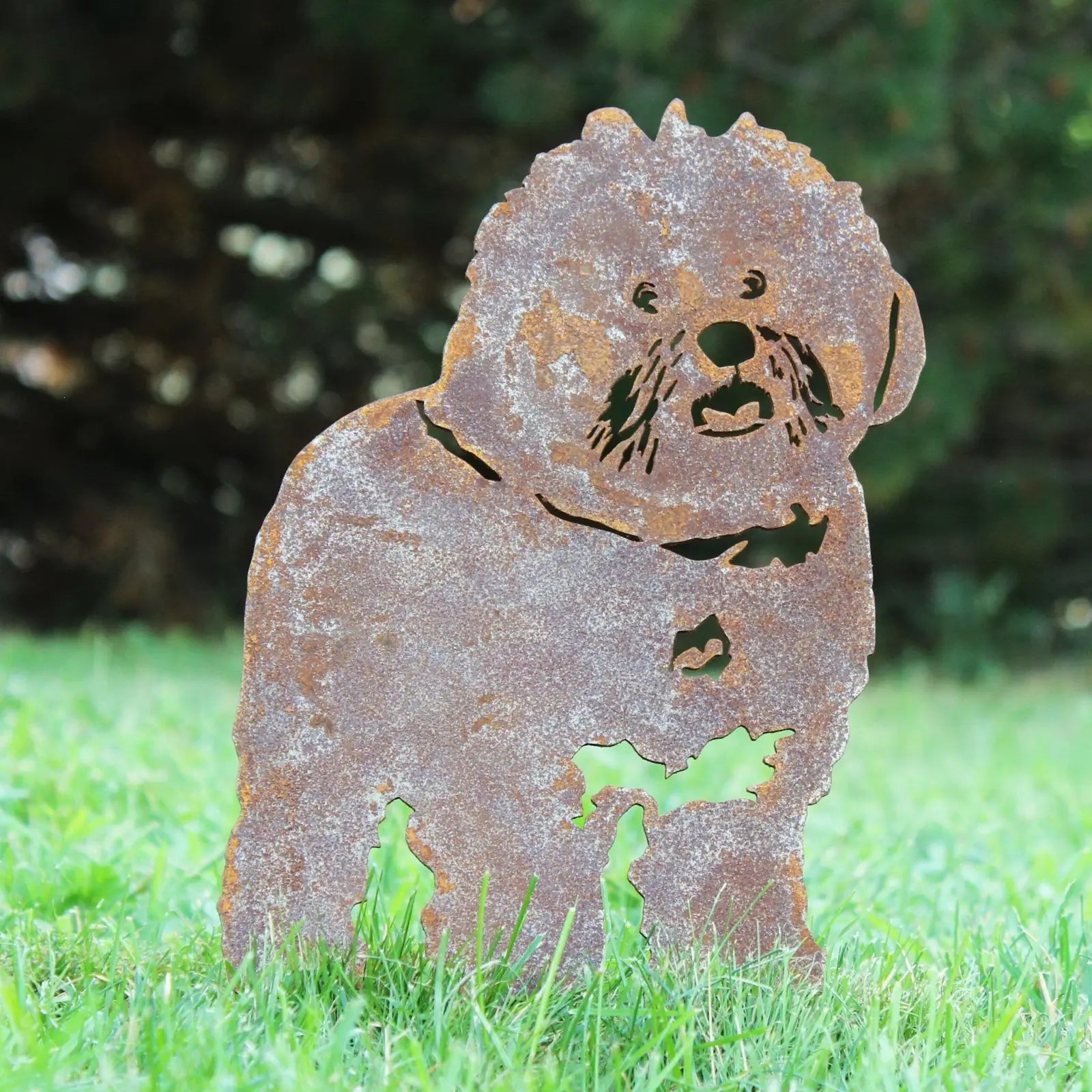 Rusty metal silhouette of a Bichon Frise, showcasing weathering details, on green grass backdrop. Suitable for indoor or o...