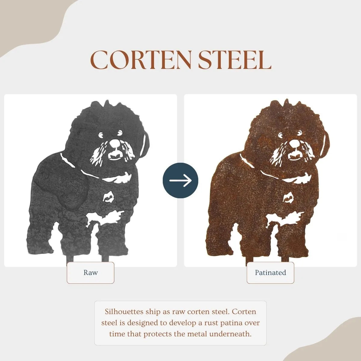 Bichon Frise metal silhouette in raw corten steel, showing transformation to a rust patina finish.