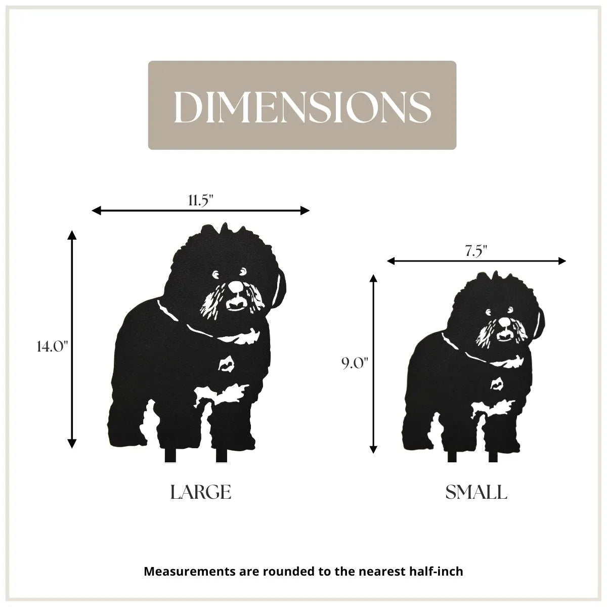 Black silhouette of a Bichon Frise showcasing dimensions, labeled 'Large' (14" x 11.5") and 'Small' (9" x 7.5").