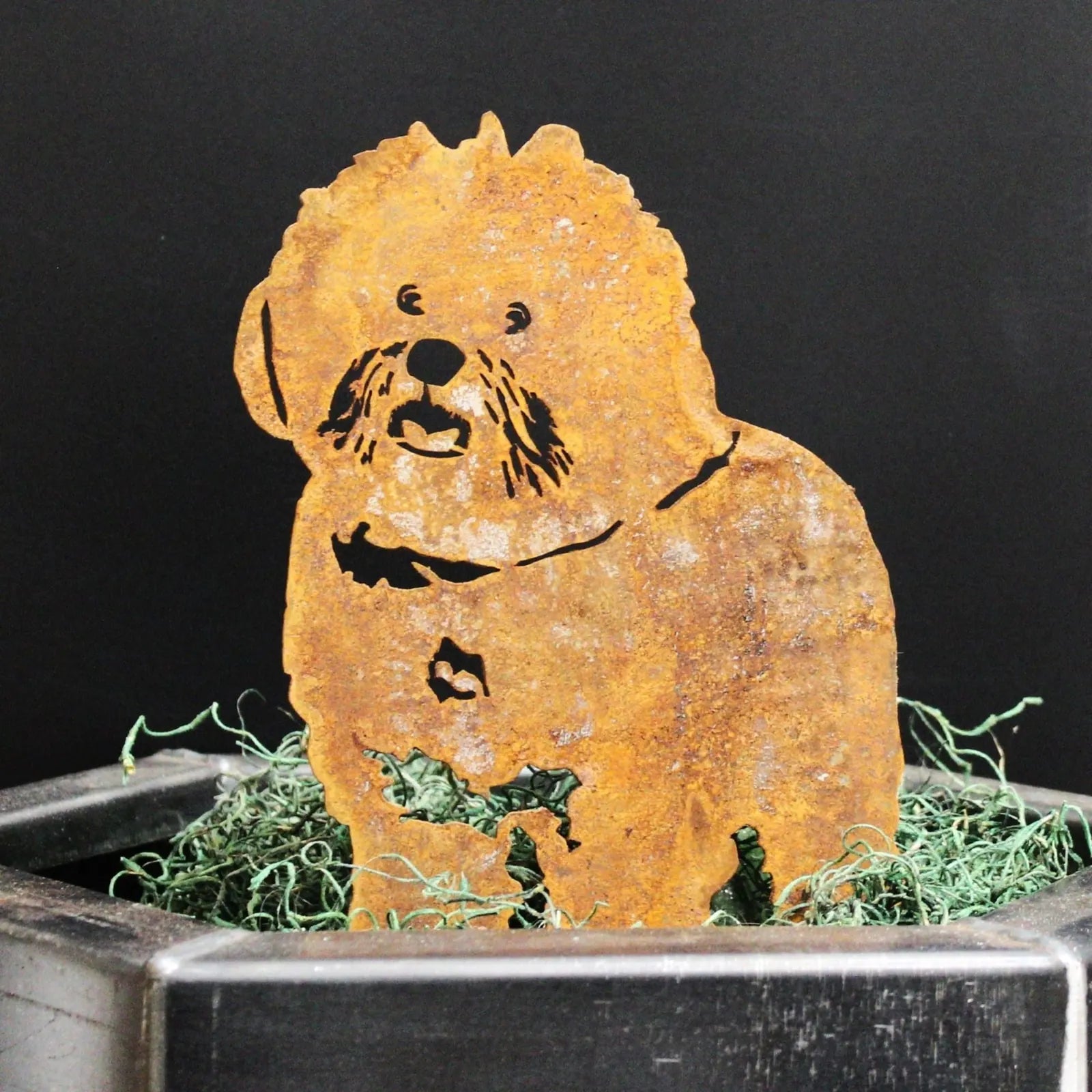Rustic Bichon Frise metal silhouette art crafted from weathering steel, adding charm to any indoor or outdoor space.