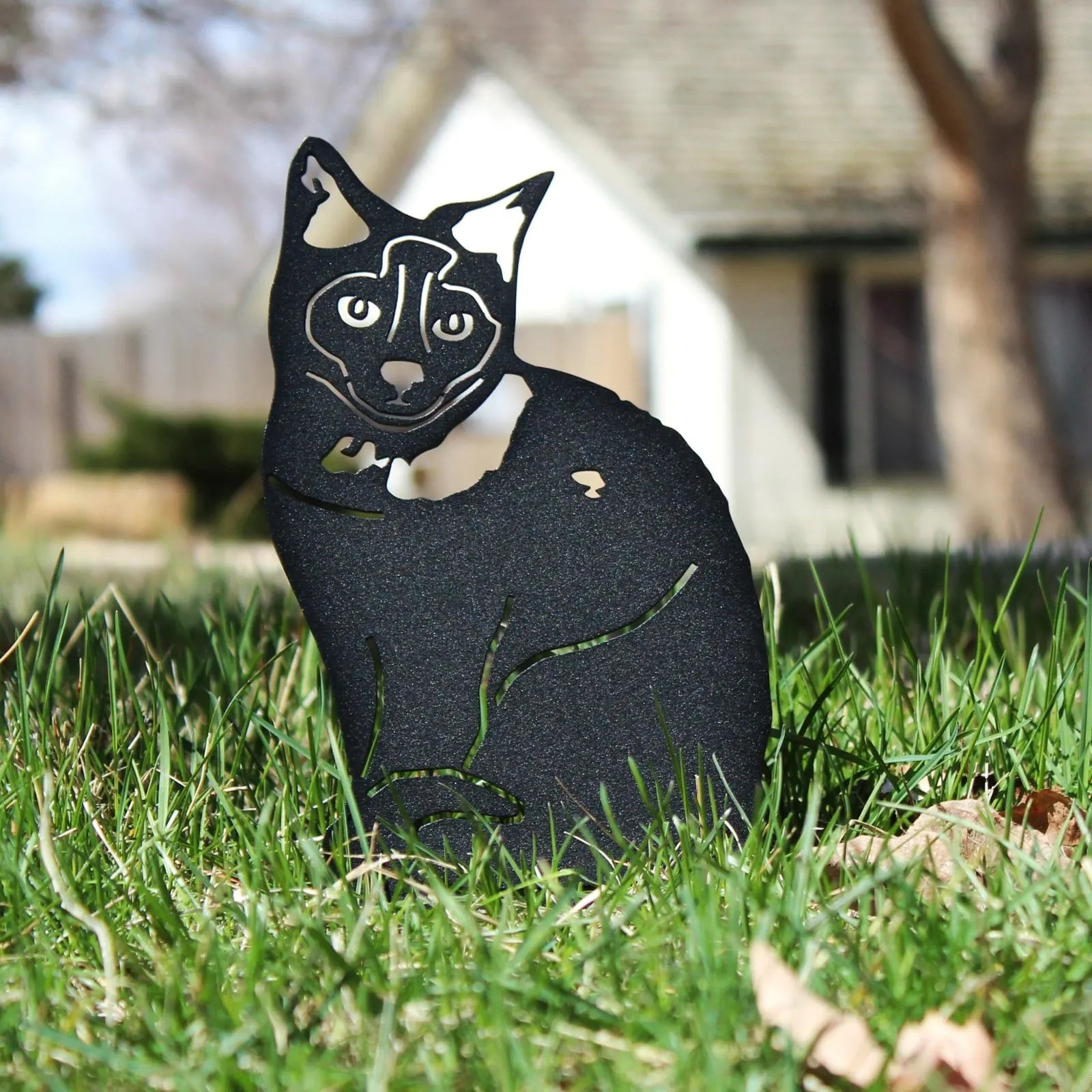 Black metal silhouette of a Birman cat, displaying detailed features, standing in green grass with a blurred background.